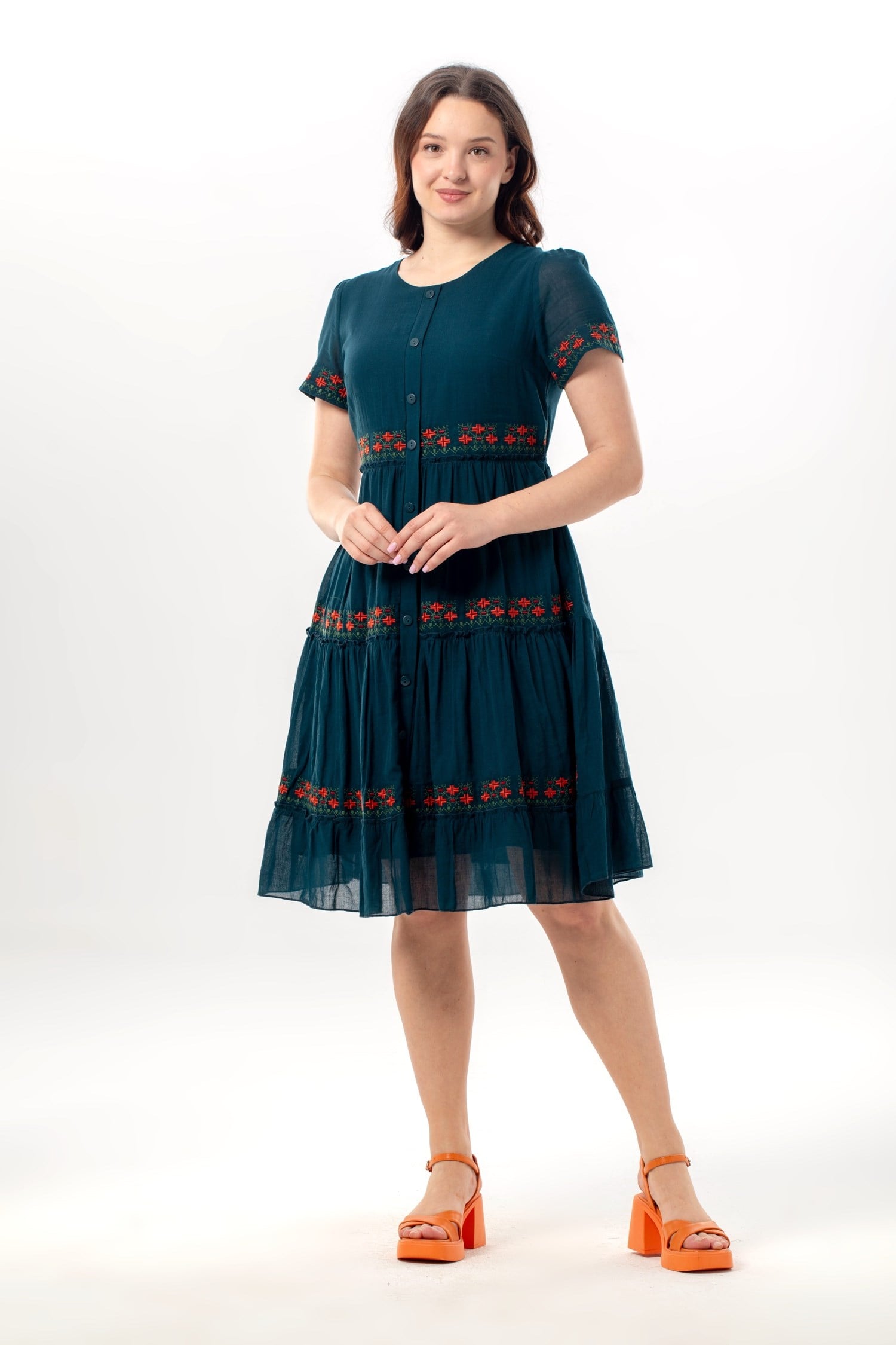 Short Sleeve Neva Bicycle Neck Embroidered Authentic Voile Short Dress Oil