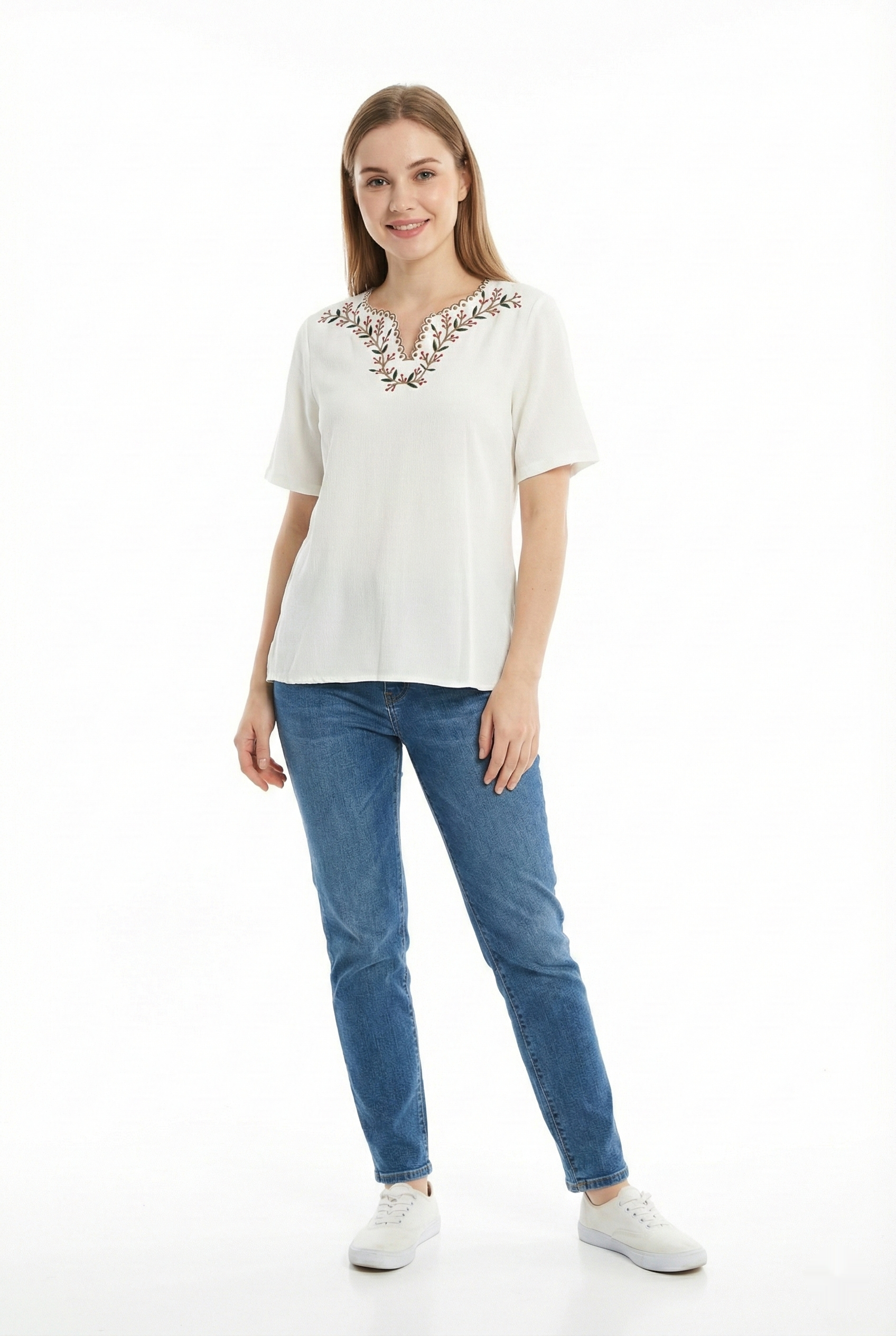 Short Sleeve Nevin Embroidered V-Neck Summer Şile Cloth Authentic Blouse Cream