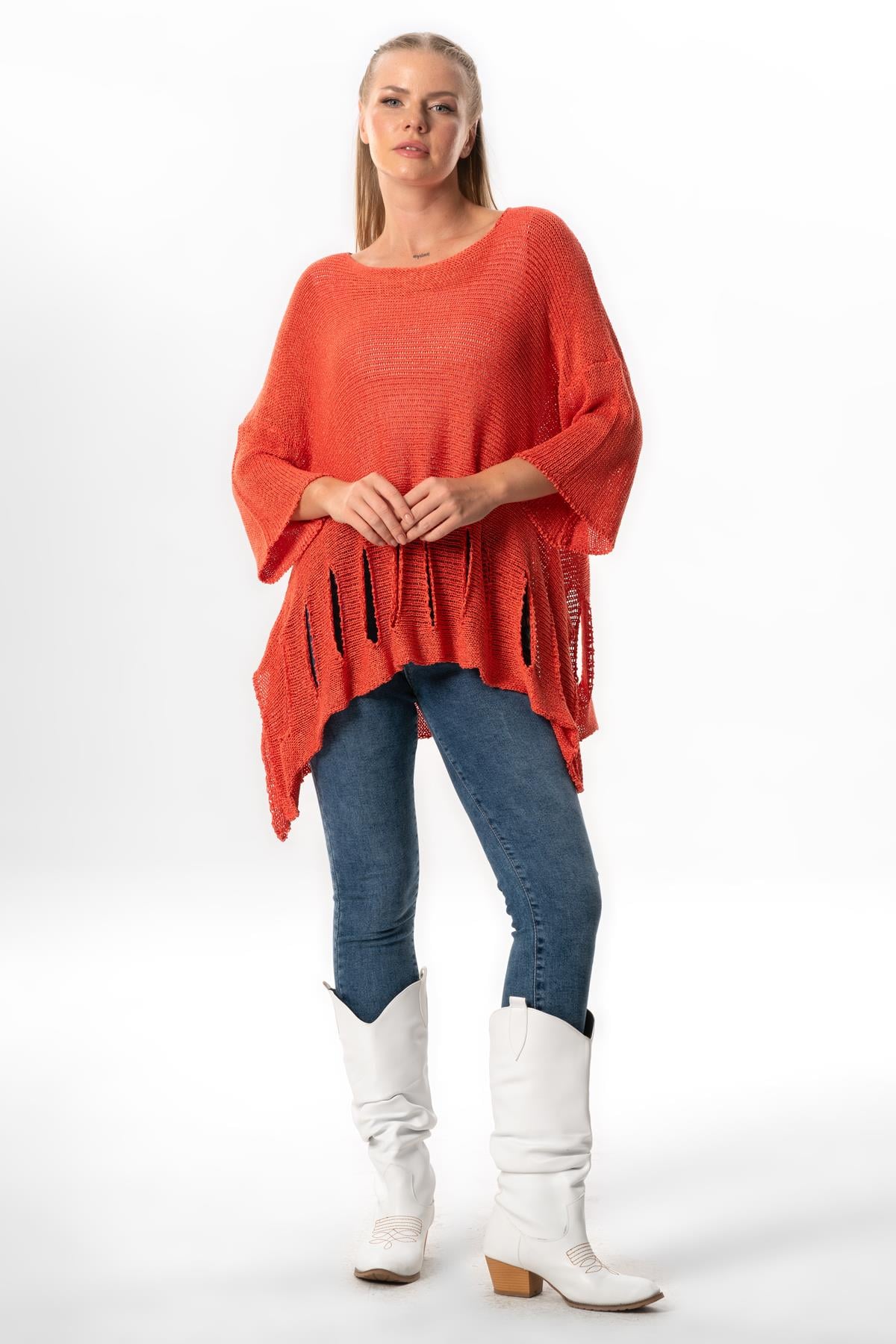 Short Sleeve Özden Autumn and Winter Authentic Shabby Sweater Blouse Coral