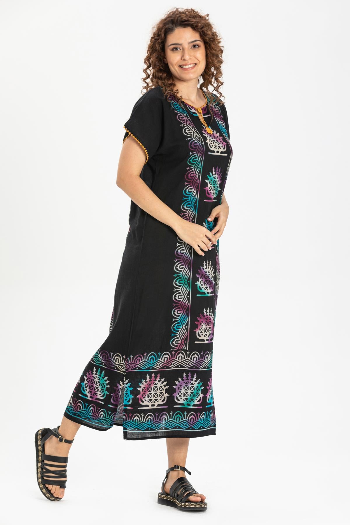 Short Sleeve Cotton Hitit Long Dress Eti Pattern Colored