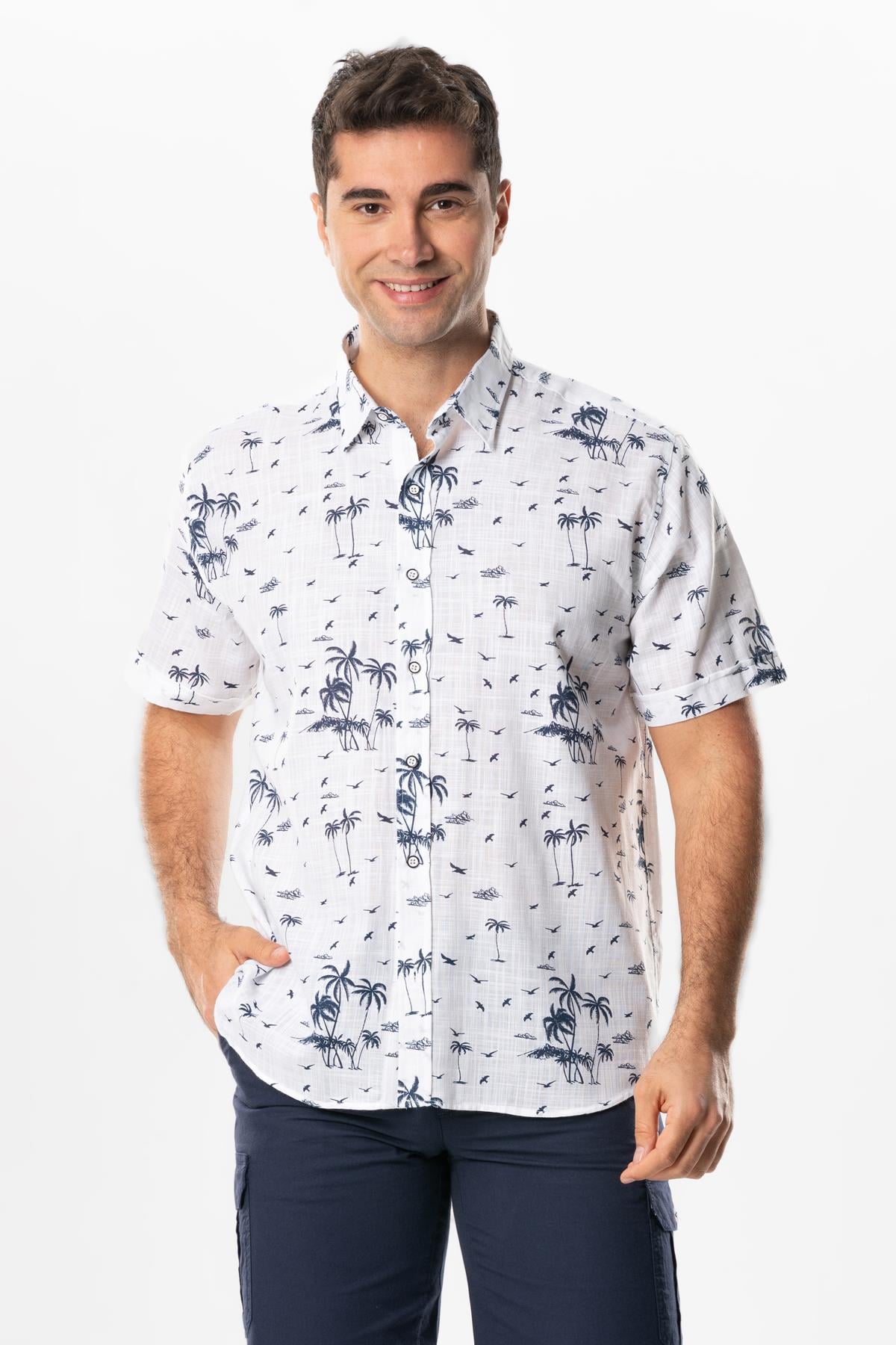 Short Sleeve Cotton Printed Men's Summer Shirt White