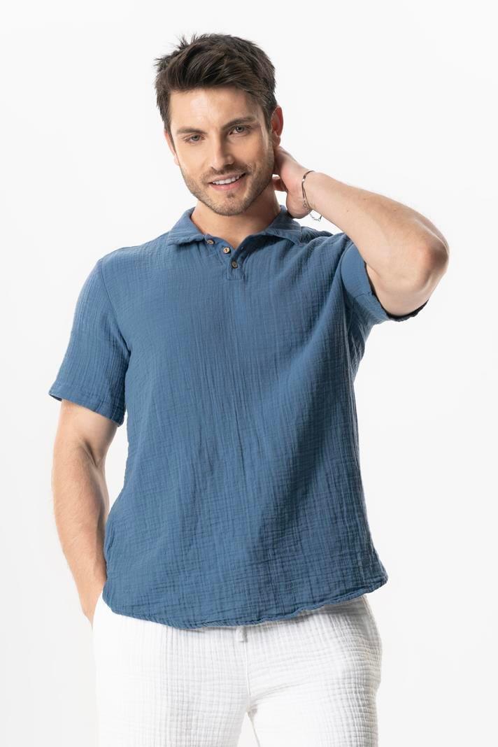 Short Sleeve Polo Collar Muslin Summer Tshirt Indigo
