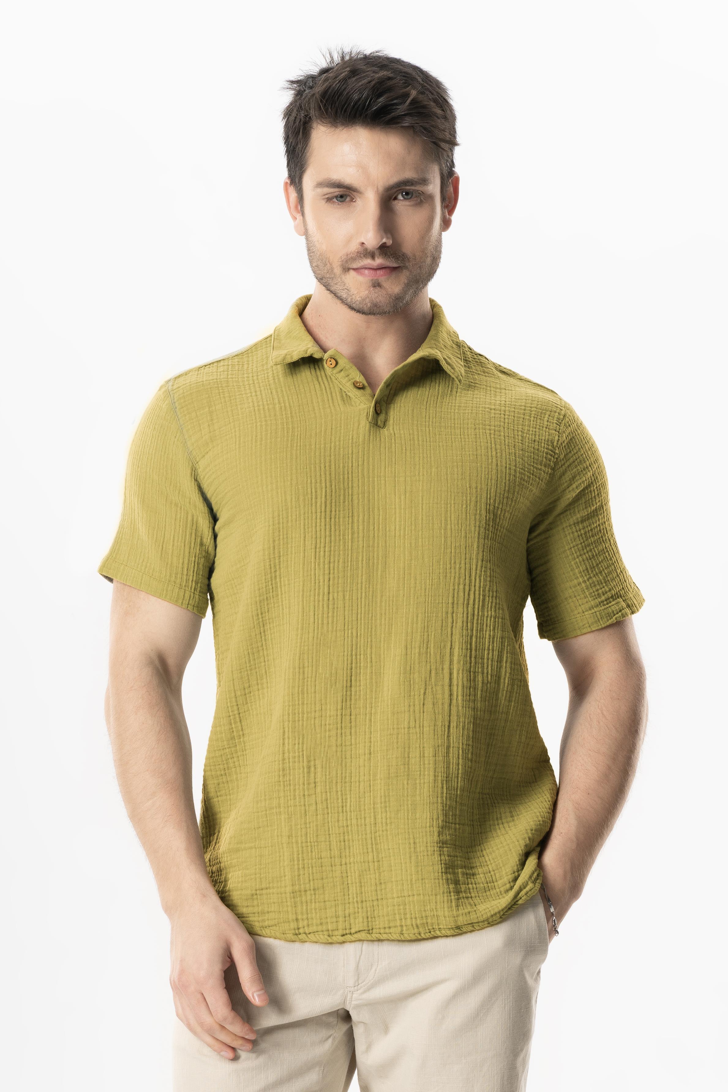 Kısa Kol Polo Yaka Müslin Yazlık Tshirt Yağ Yeşili Ygysl
