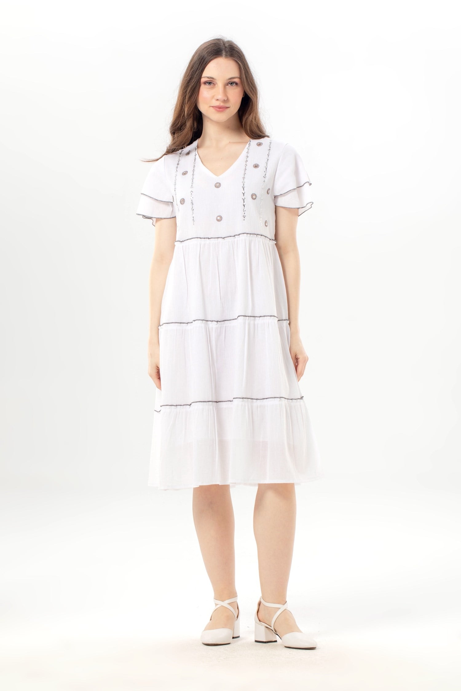 Short Sleeve Ruffled Işıl V-Neck Şile Cloth Summer Midi Length Authentic Dress White