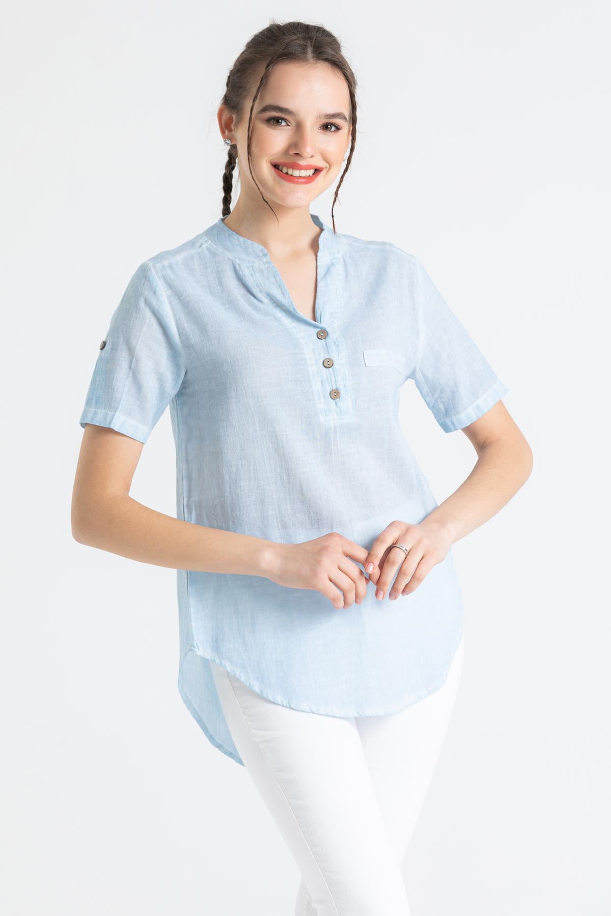 Short Sleeve Şile Fabric Akasya Blouse Ice Blue