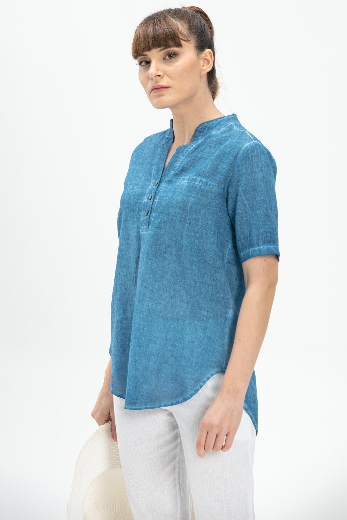 Short Sleeve Şile Fabric Akasya Blouse Jeans Blue