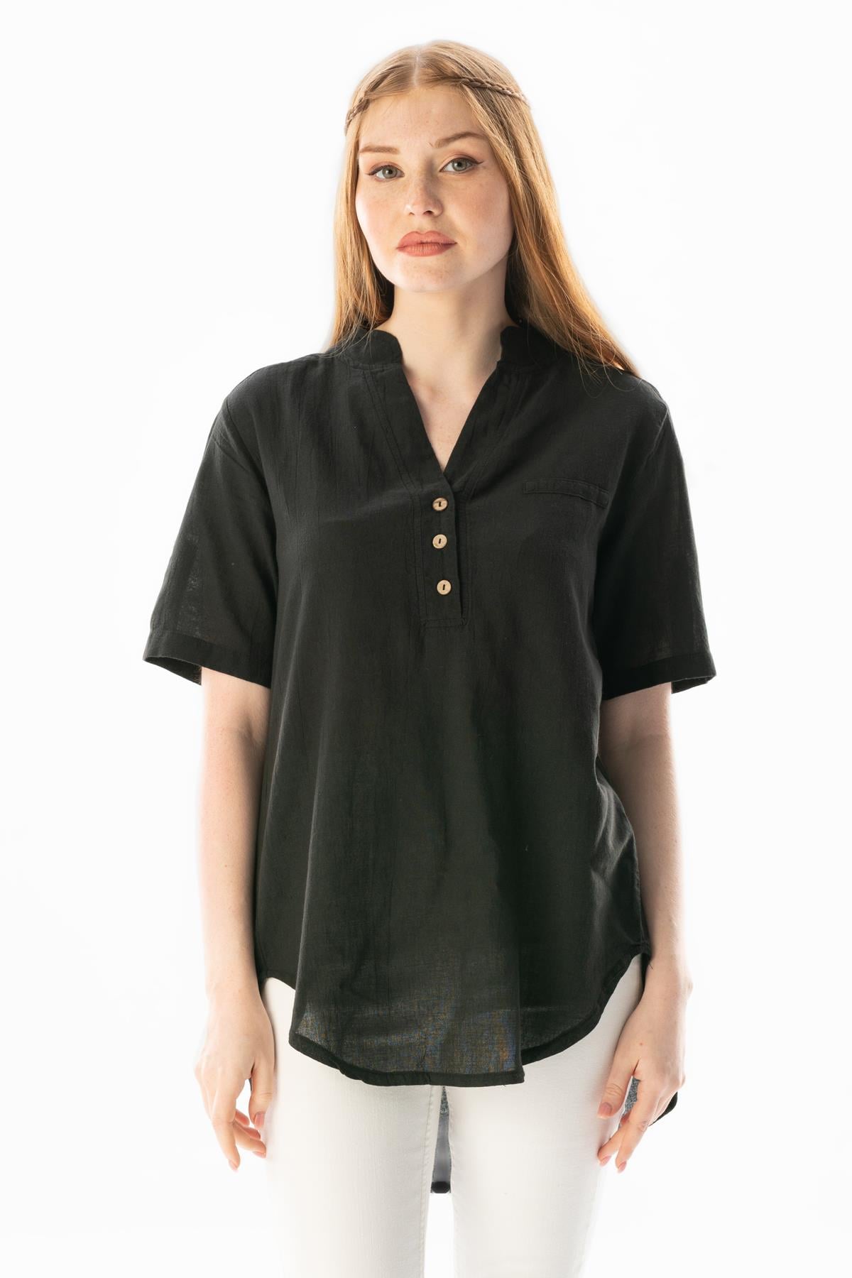 Short Sleeve Şile Fabric Akasya Blouse Black