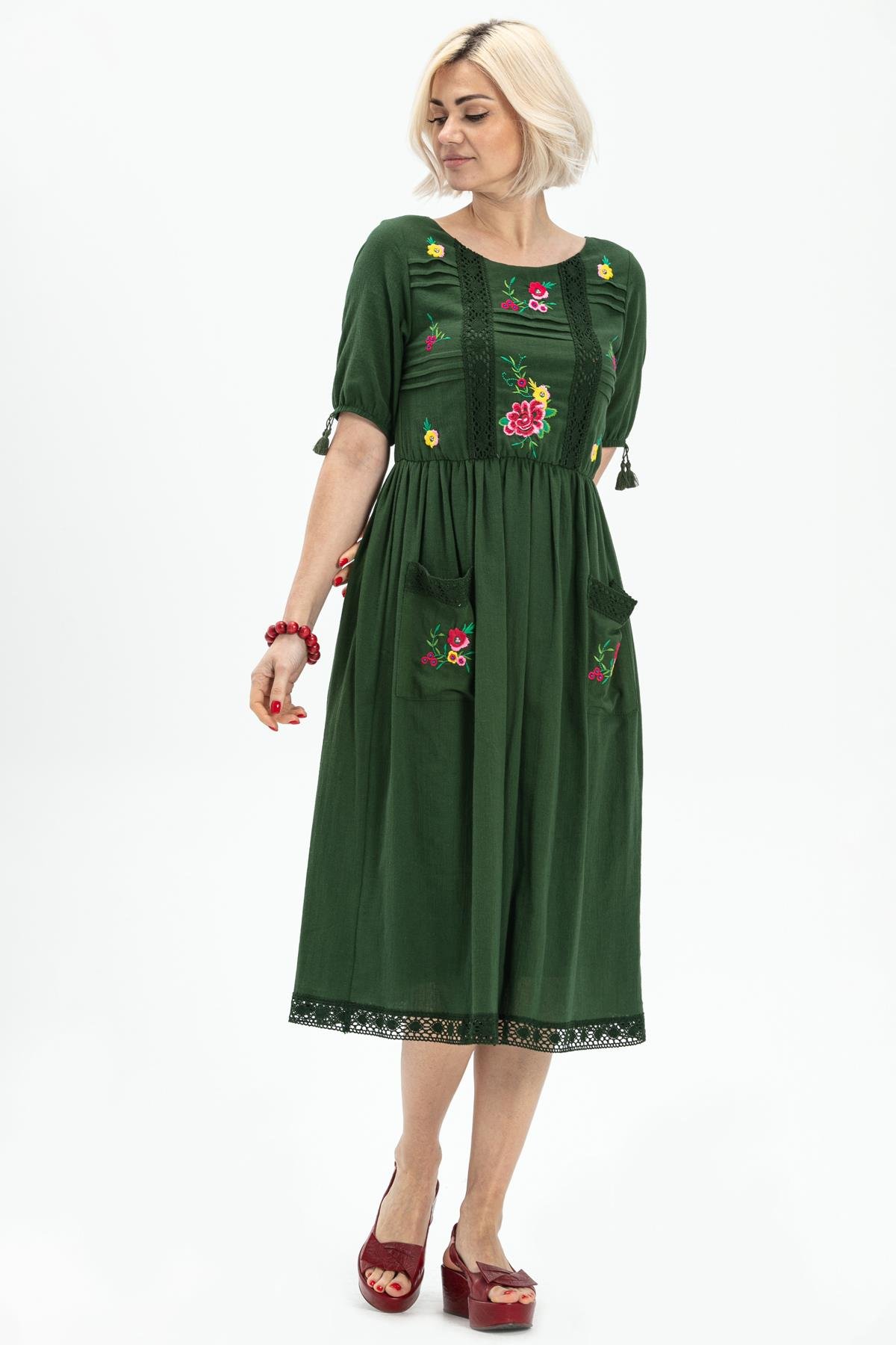 Kısa Kol Şile Bezi Asiye Midi Boy Elbise Yeşil Ysl