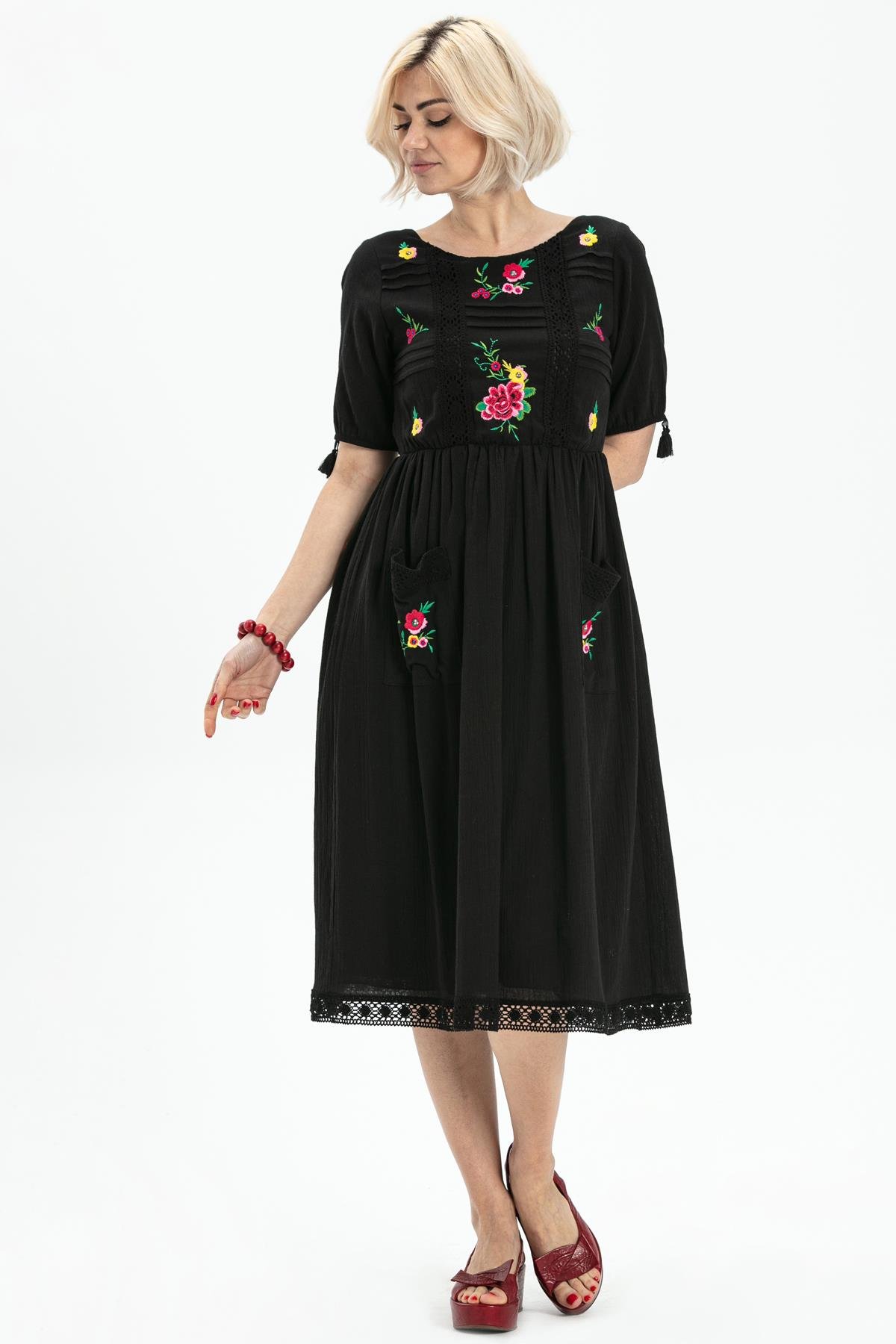 Kısa Kol Şile Bezi Asiye Midi Boy Elbise Siyah Syh