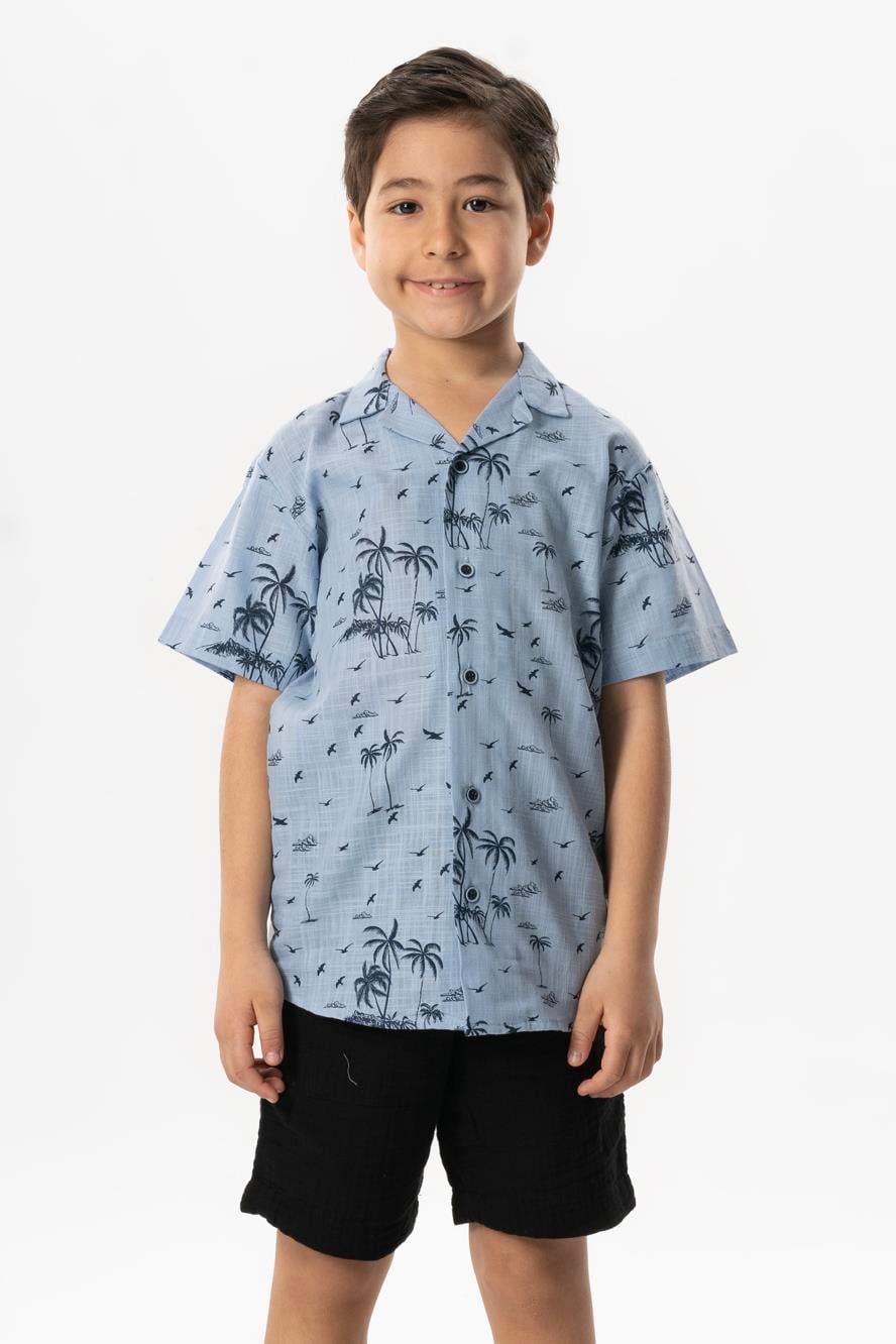 Short Sleeve Sile Cloth Printed Children's Summer Shirt Ice Blue