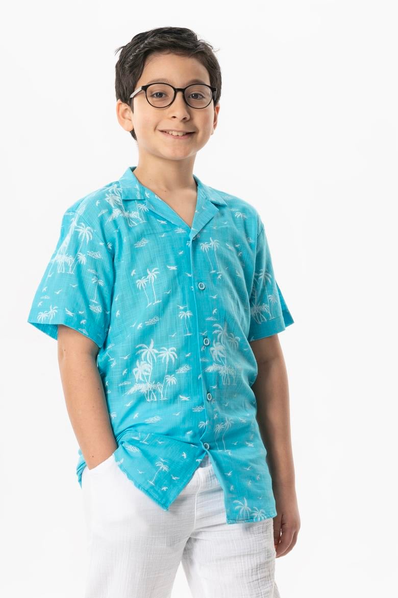 Kısa Kol Şile Bezi Baskılı Çocuk Yazlık Gömlek Turkuaz Trkz