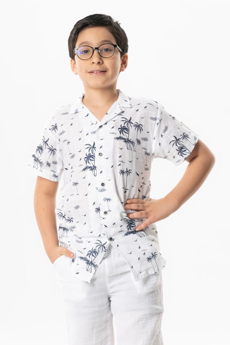 Short Sleeve Sile Cloth Printed Children's Summer Shirt White
