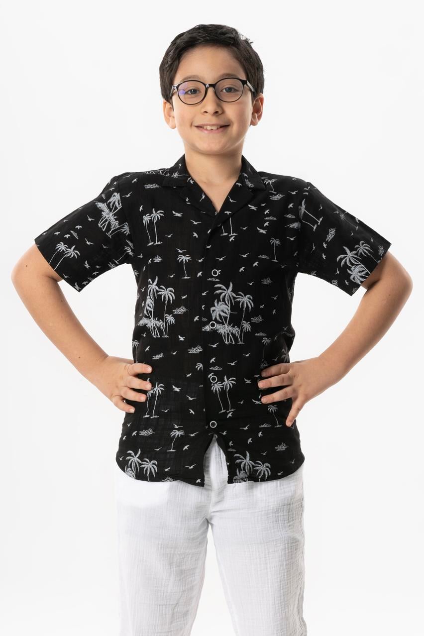 Short Sleeve Sile Cloth Printed Children's Summer Shirt Black