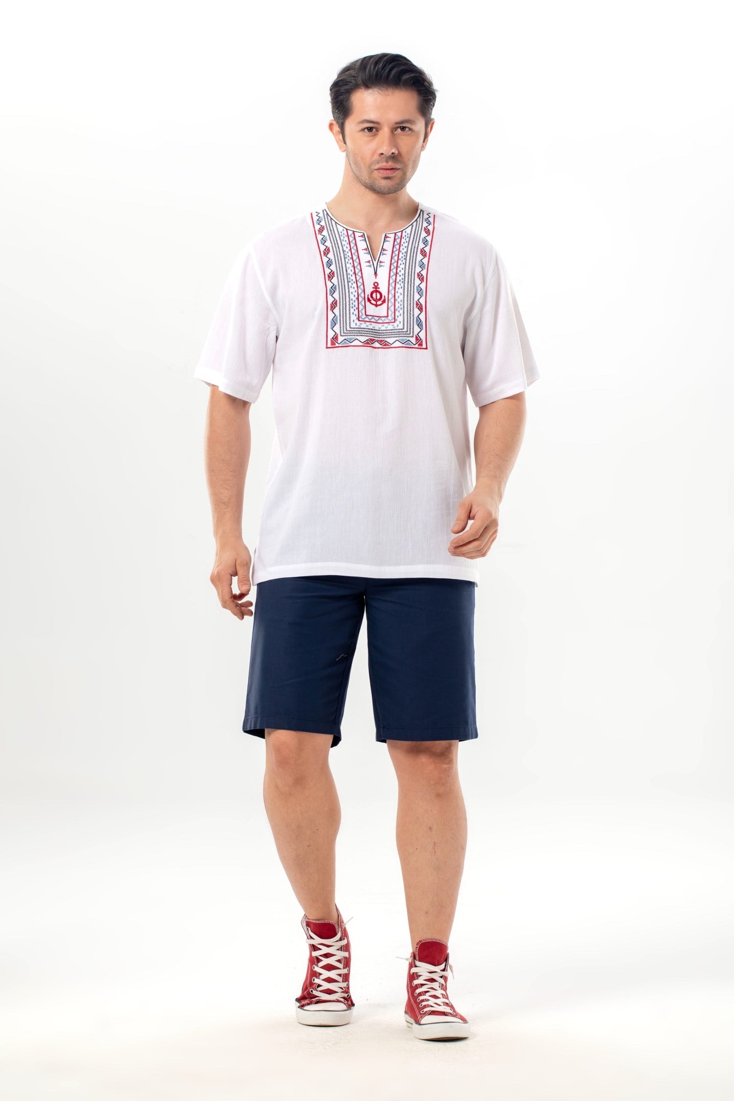 Kısa Kol Şile Bezi Bisiklet Yaka Bahriyeli Erkek Yazlık T-shirt Beyaz Byz