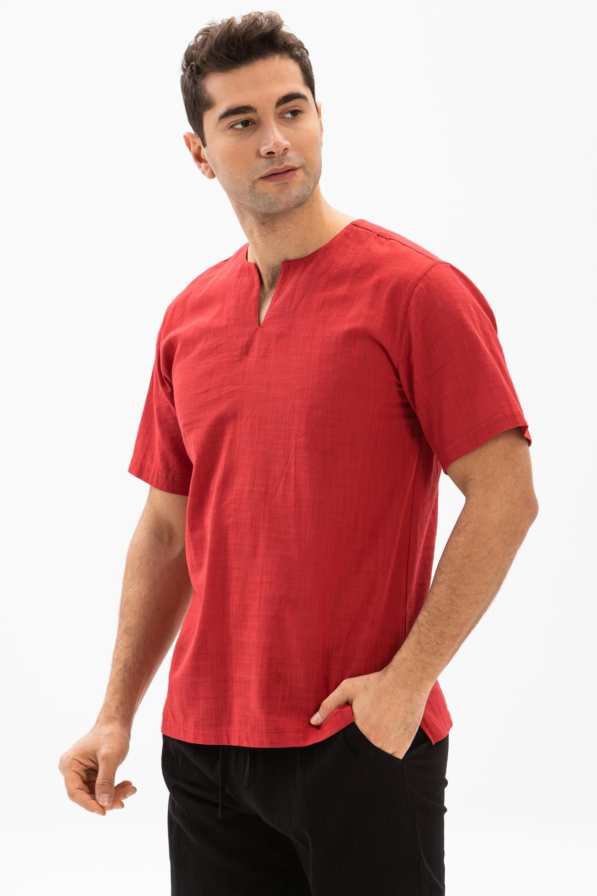 Short Sleeve Sile Fabric Crew Collar Men T-Shirt Red