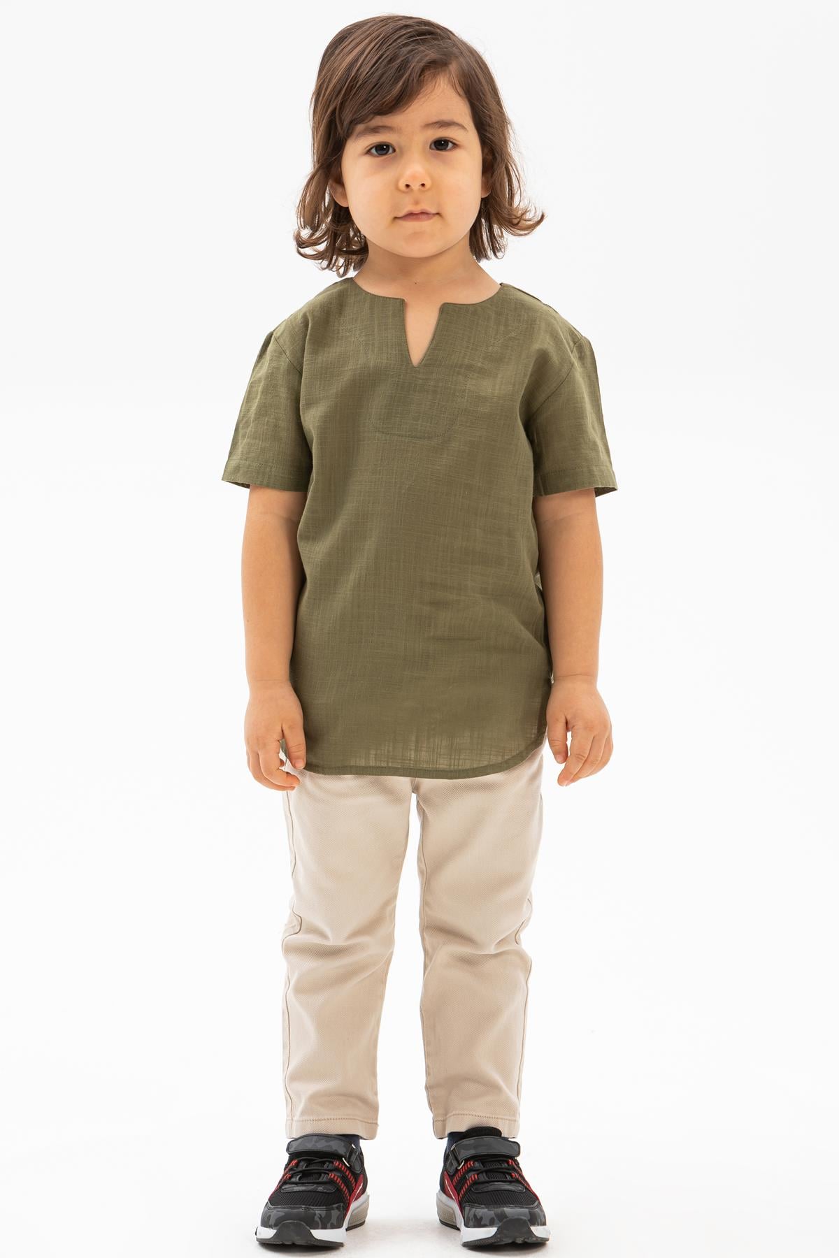 Short Arm Sile Fabric Bicycle Collar Men Kid's TShirt Khaki