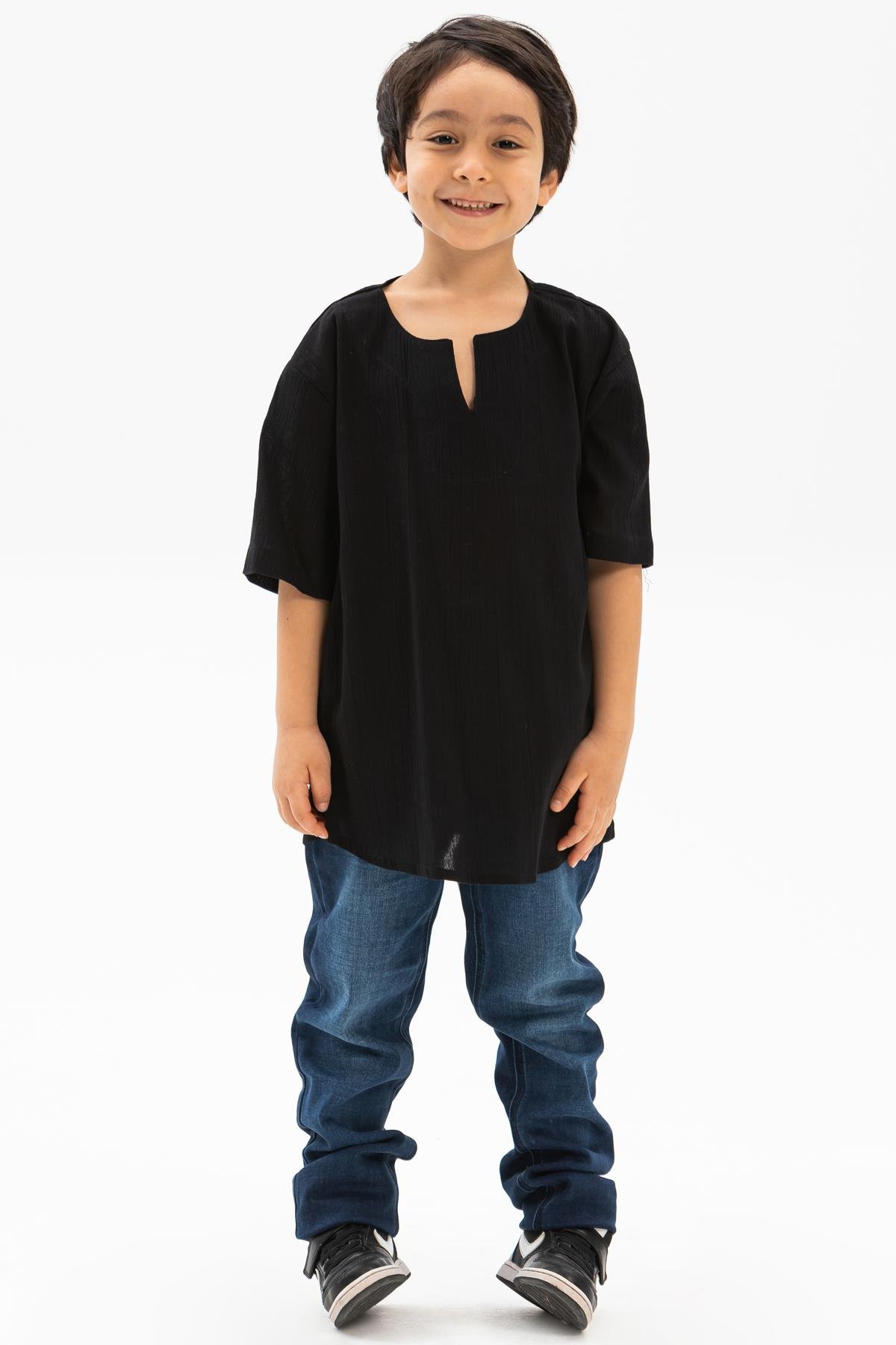 Kısa Kol Şile Bezi Bisiklet Yaka Erkek Çocuk Tshirt Siyah 3003