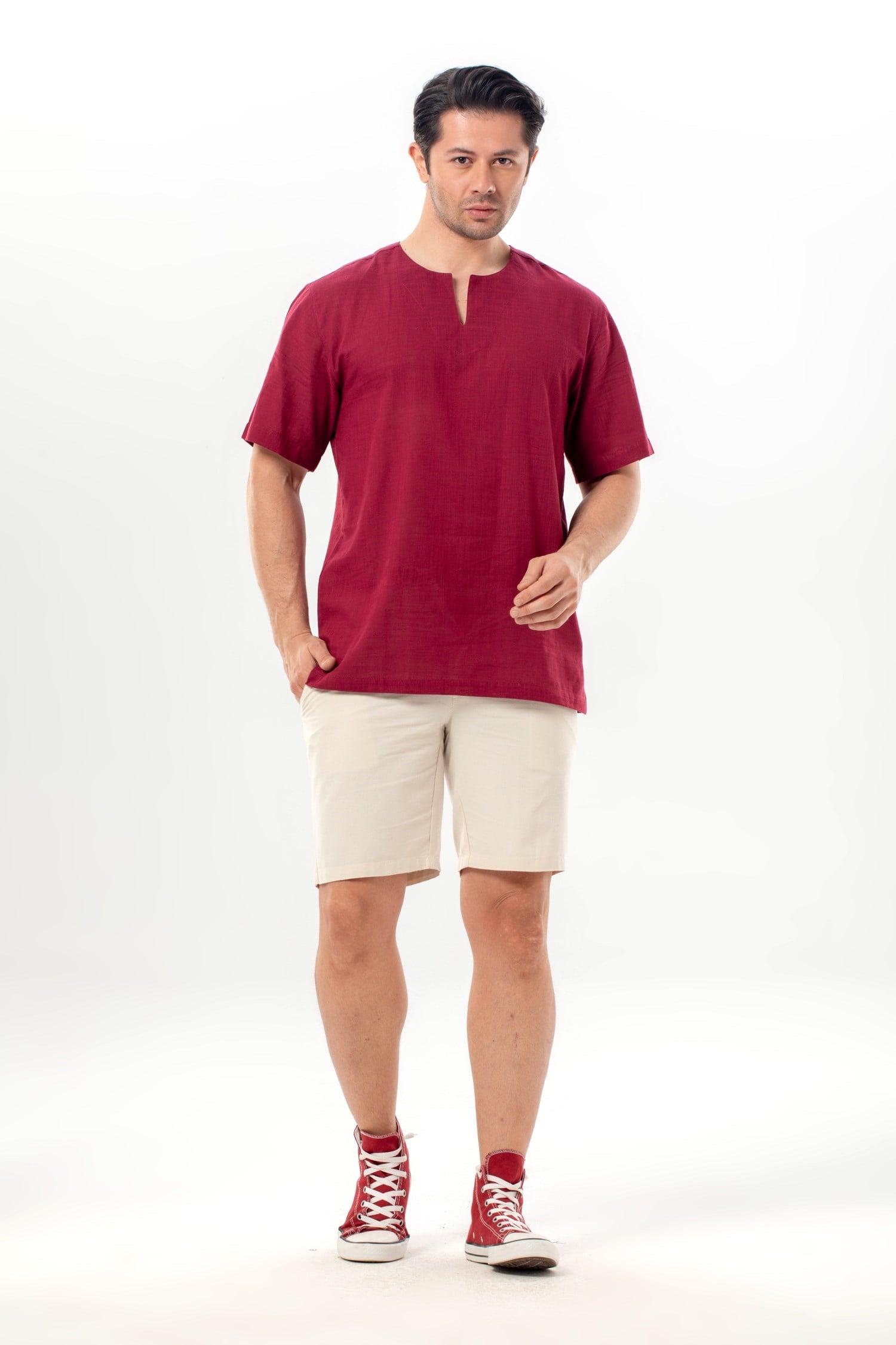 Kısa Kol Şile Bezi Bisiklet Yaka Erkek Yazlık Tshirt Koyu Bordo 3068