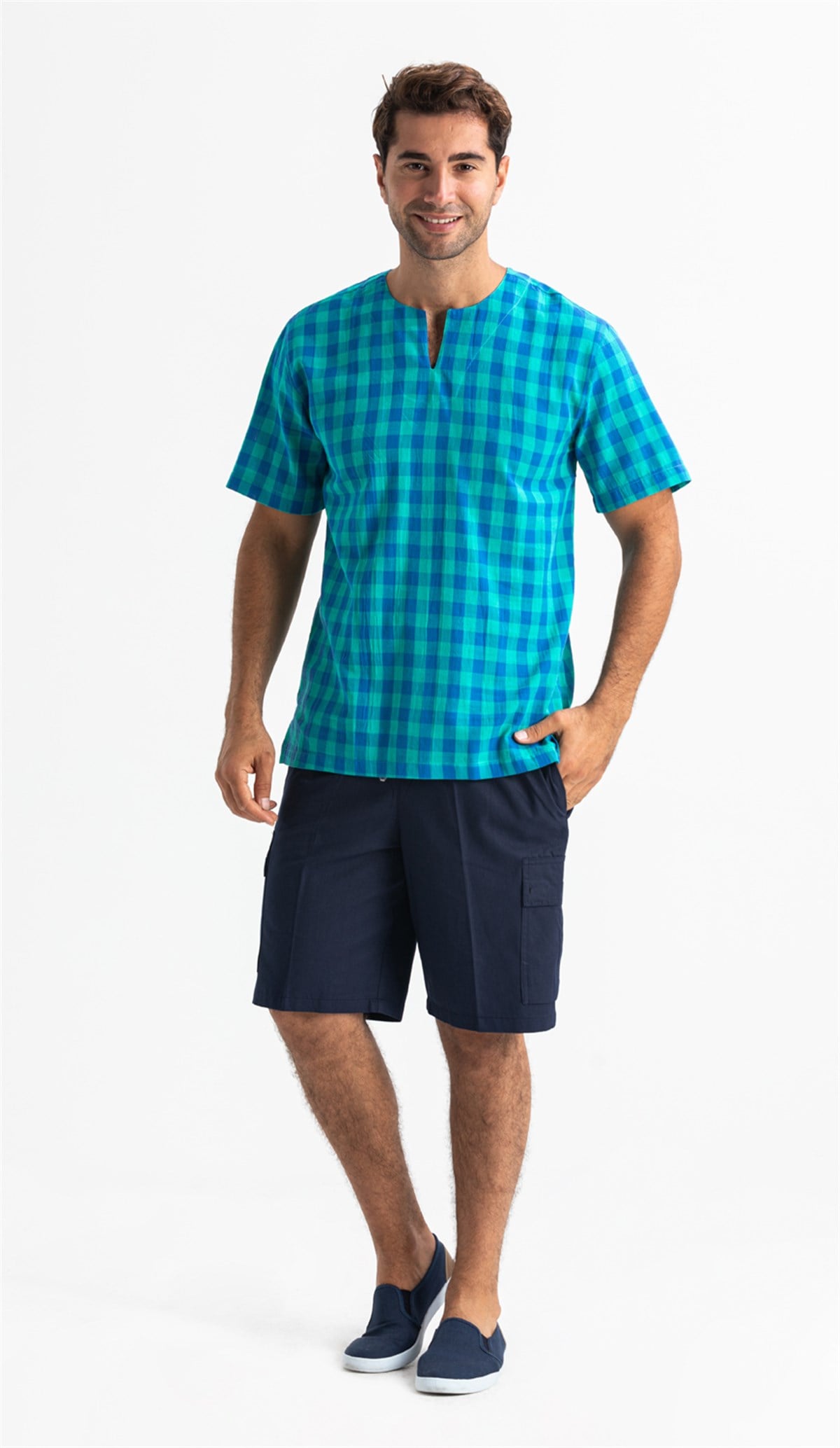 Short Sleeve Sile Fabric Crew Collar Men T-Shirt Mint Plaid
