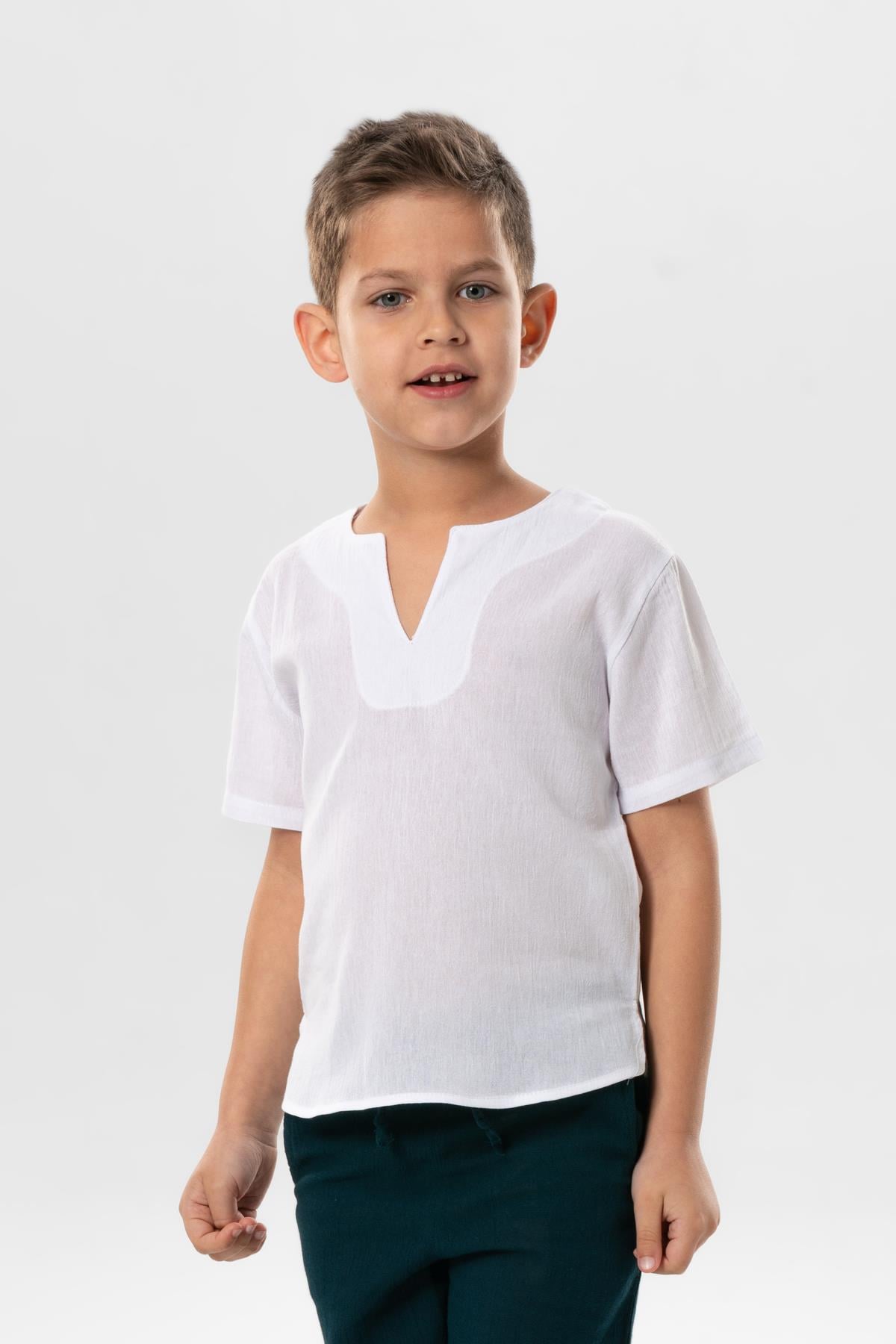 Kısa Kol Şile Bezi Bisiklet Yaka Yazlık Erkek Çocuk Tshirt Beyaz 3001