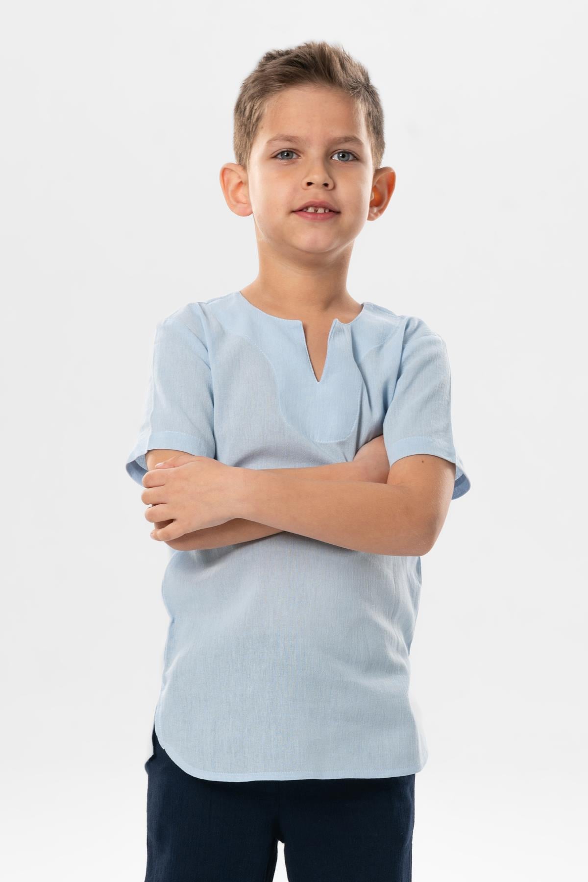 Kısa Kol Şile Bezi Bisiklet Yaka Yazlık Erkek Çocuk Tshirt Buz Mavi 3027