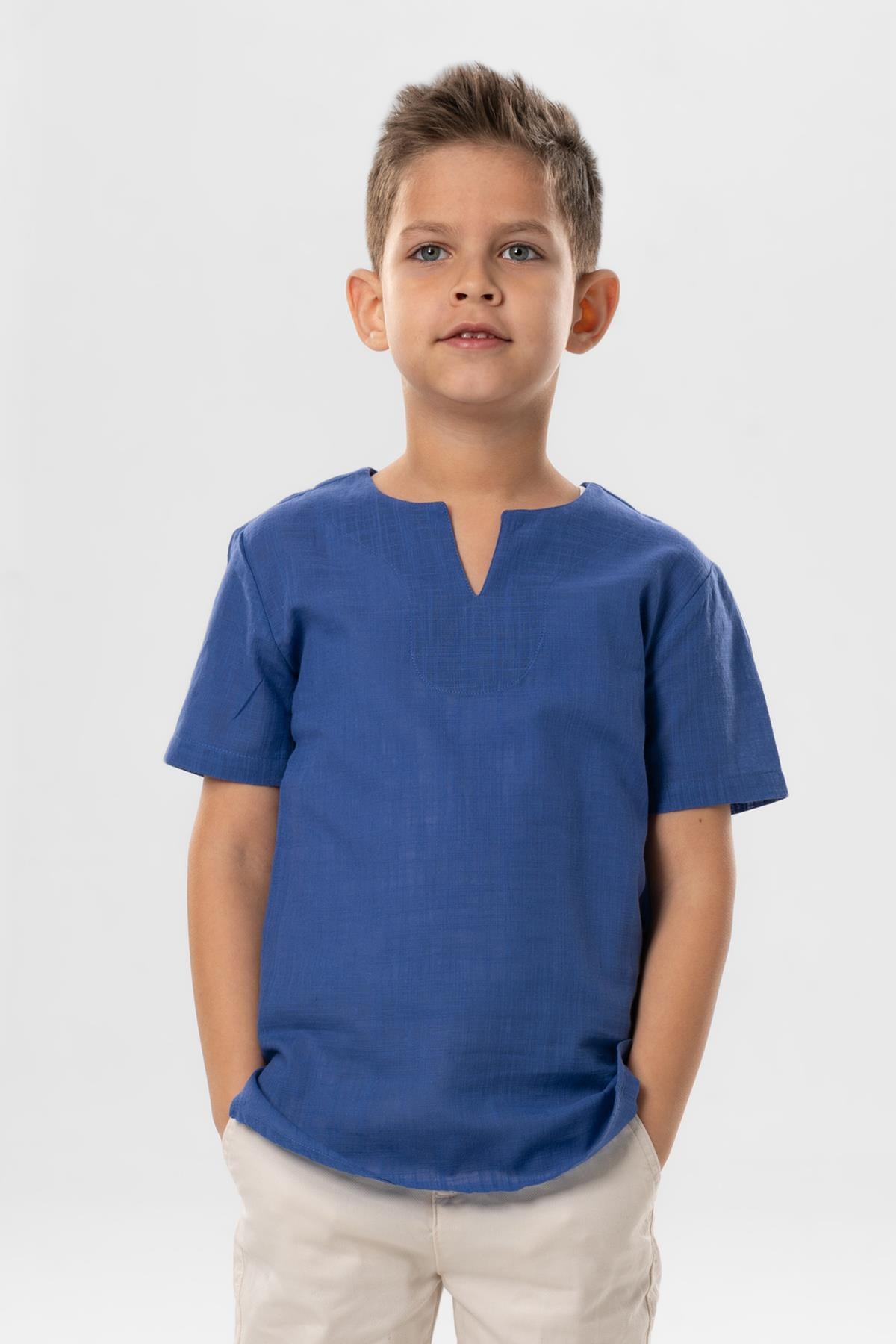 Short Sleeve Sile Fabric Crew Collar Boys Tshirt Saxe