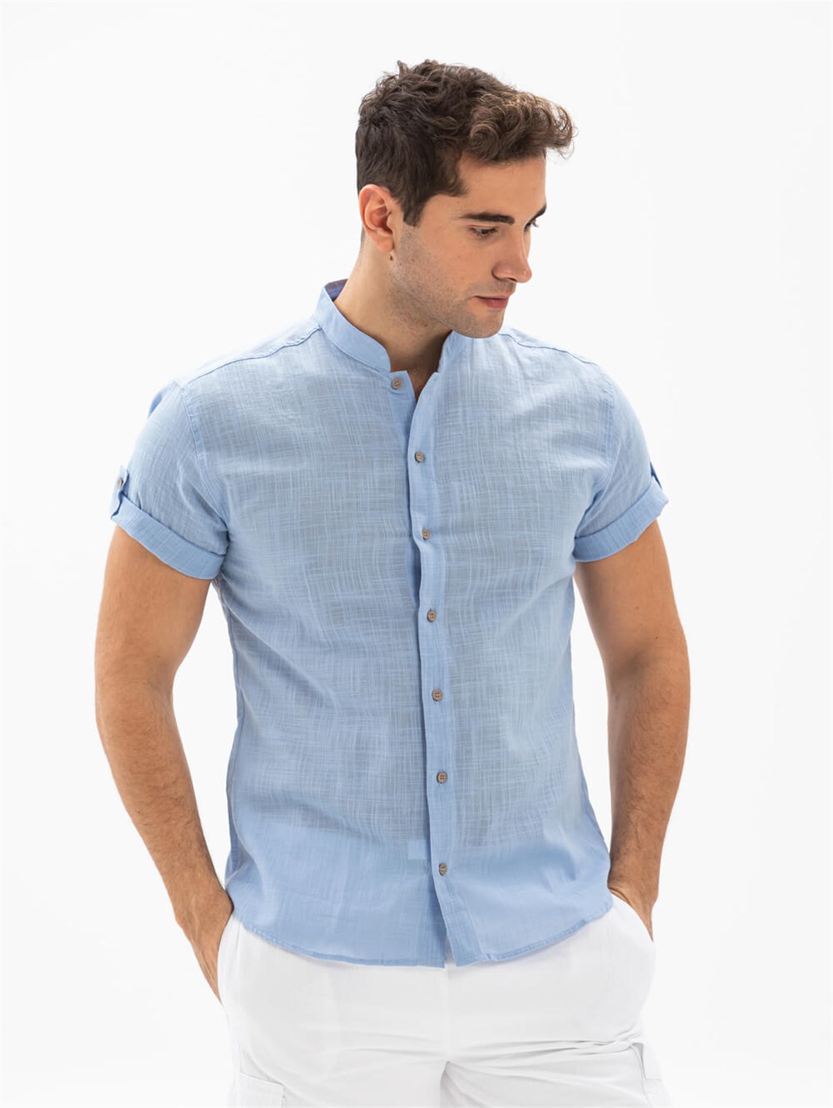 Kısa Kol Şile Bezi Bodrum Erkek Gömlek Açık Mavi