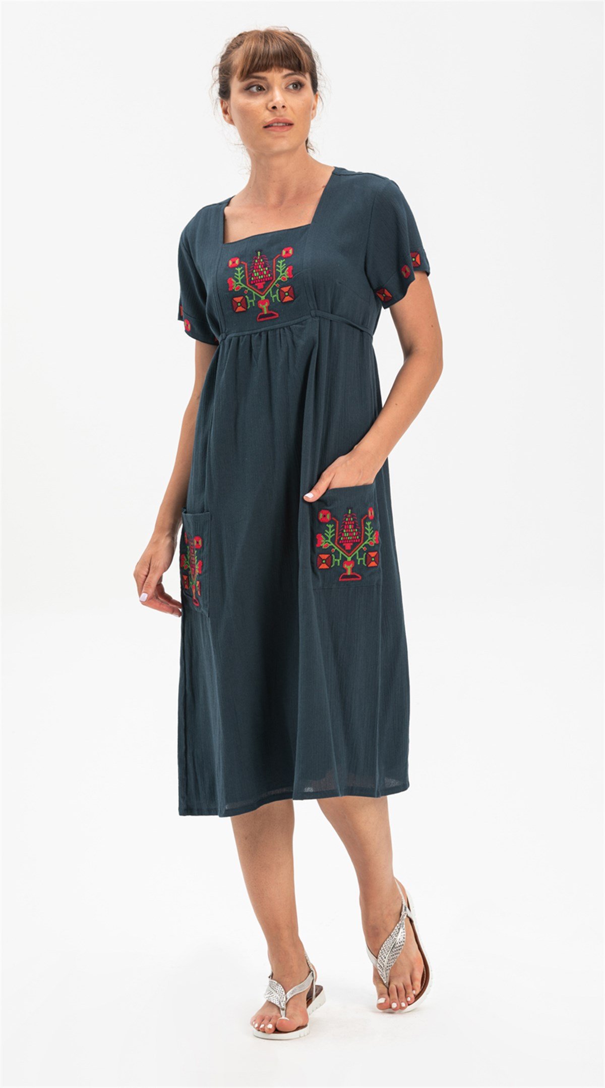 Plus Size Sile Fabric Melek Short Dress Petrol