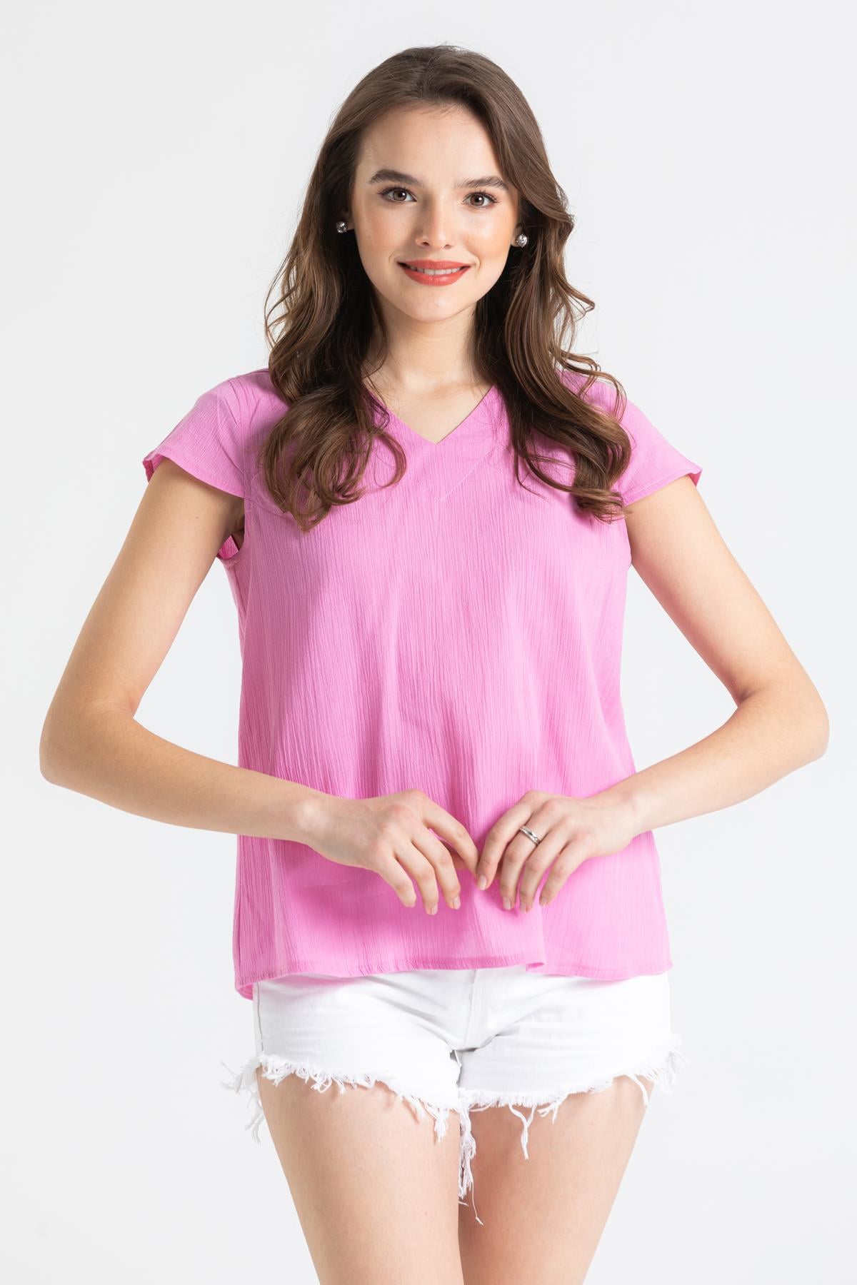 Short Sleeve Şile Cloth Ecem Blouse Pink