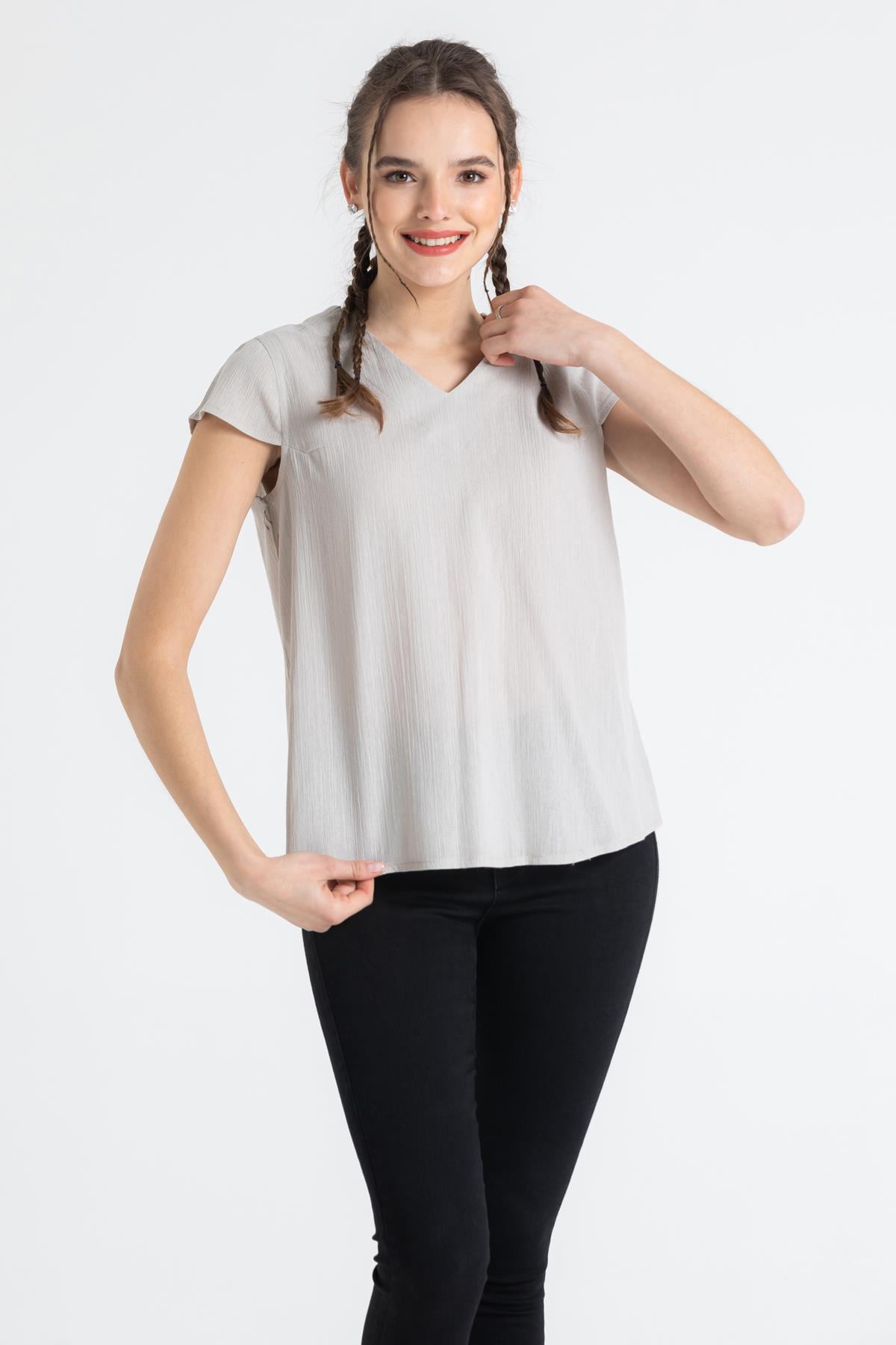 Short Sleeve Şile Cloth Ecem Blouse Stone Color