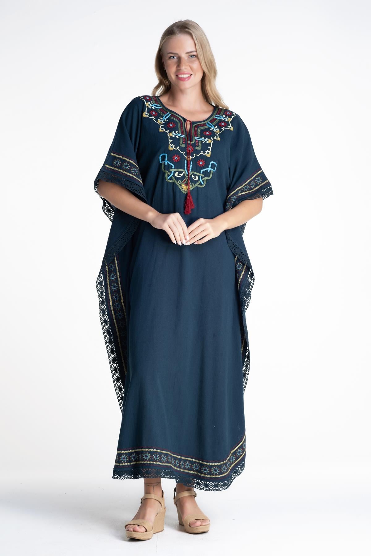 Short Sleeve Şile Fabric Gülseren Long Dress Petrol Colour