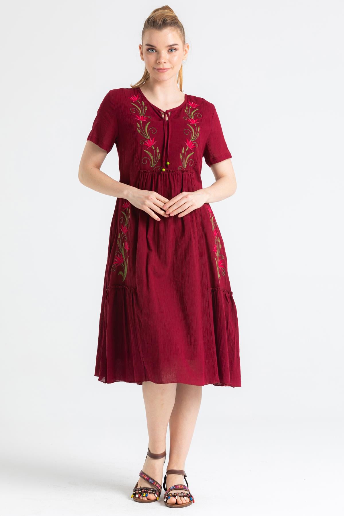 Short Sleeve Sile Cloth Lalezar Embroidered Midi Length Dress Claret Red