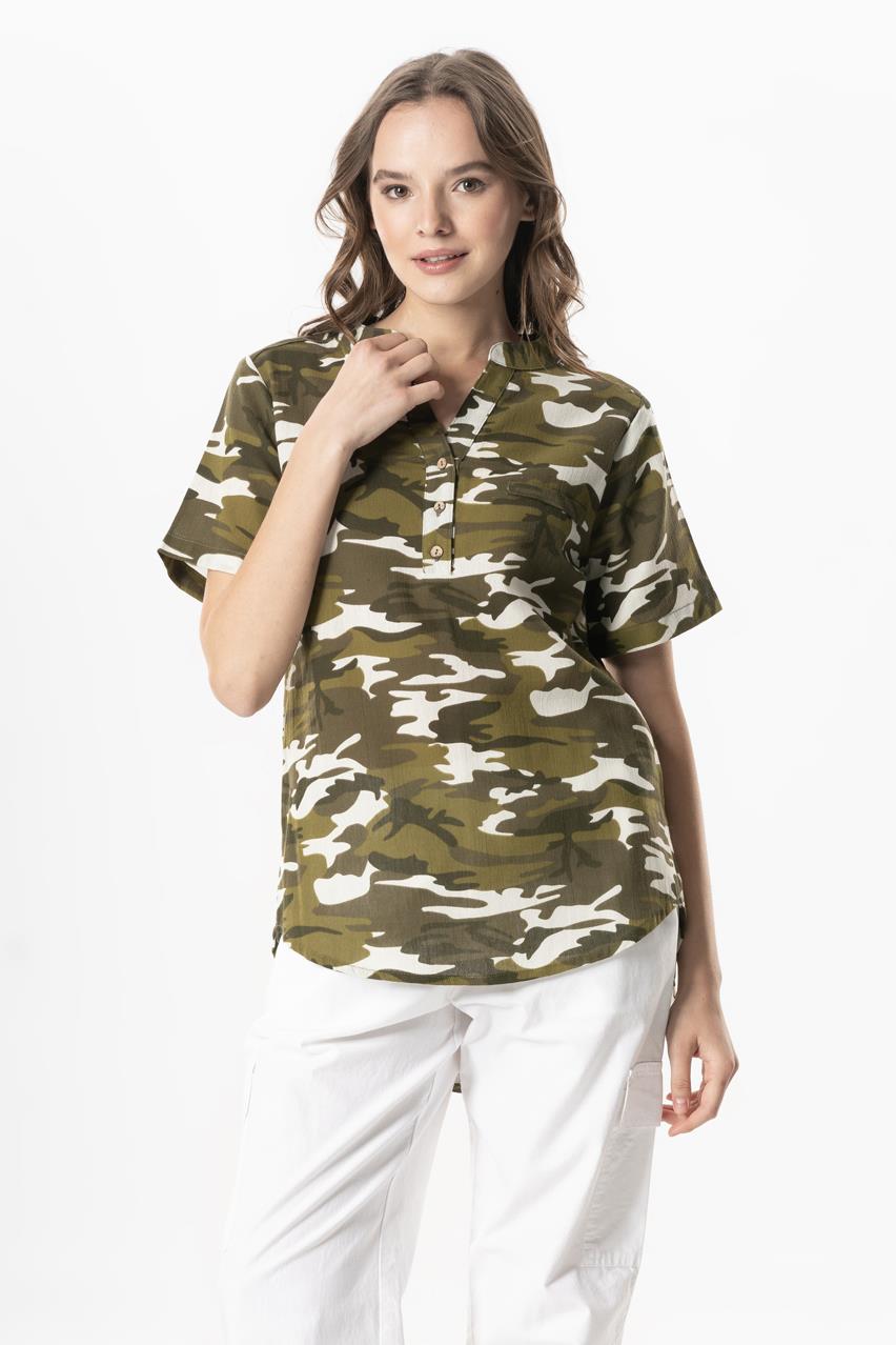 Short Sleeve Sile Fabric Seda V-Neck Camouflage Summer Blouse Green