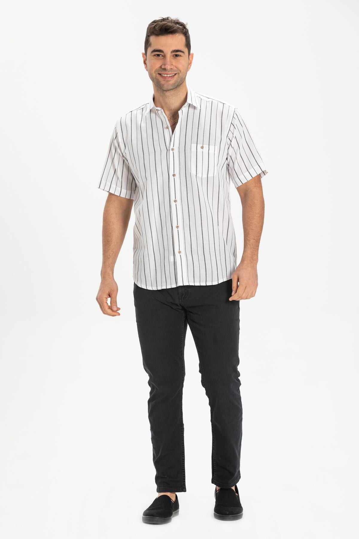 Short Sleeve Sile Fabric Men Shirt White Black Striped