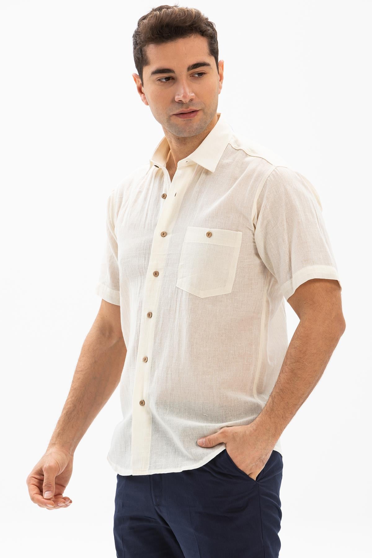 Short Sleeve Sile Fabric Men Shirt Cream