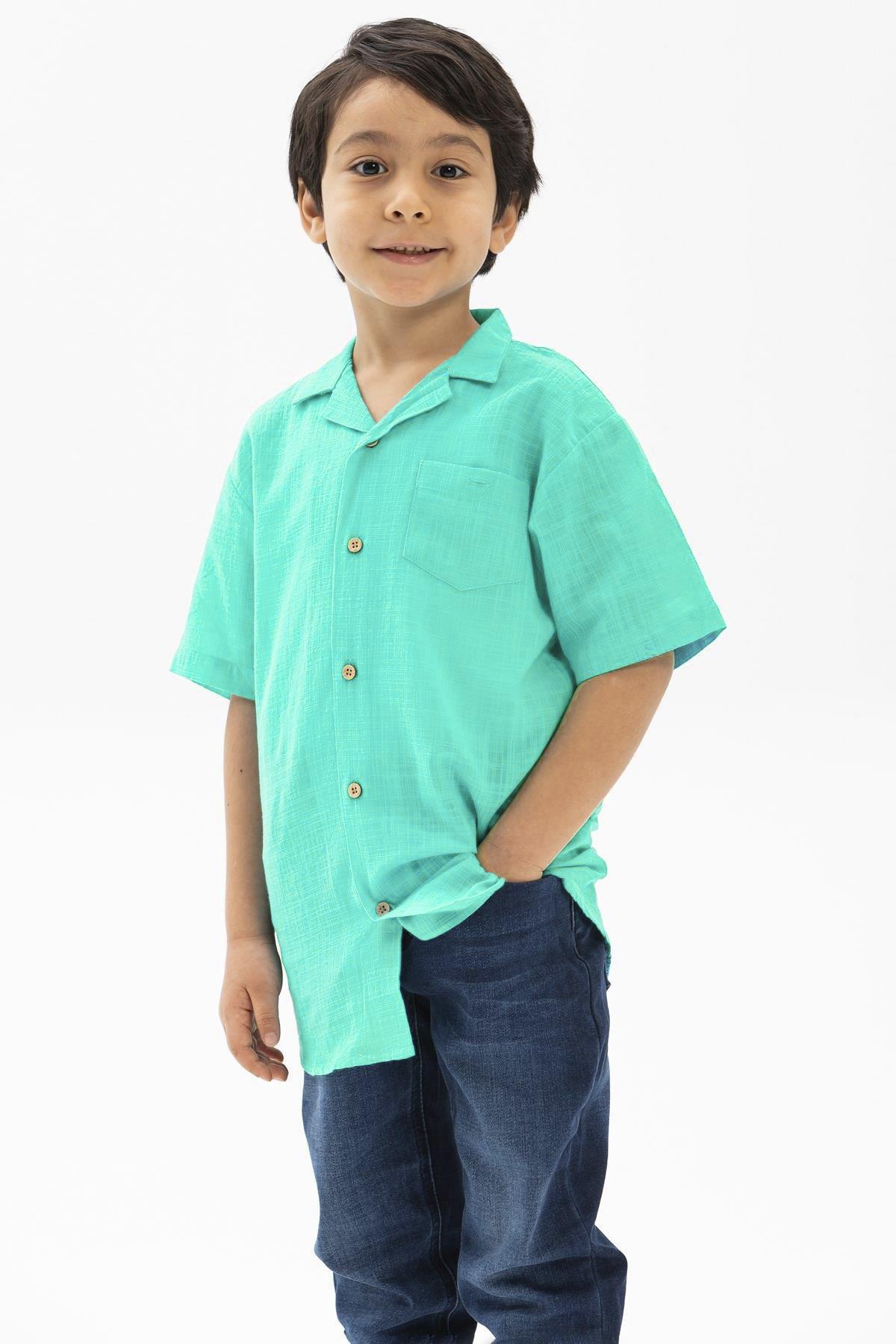 Short Arm Sile Fabric Men Kid's Shirt Water Green