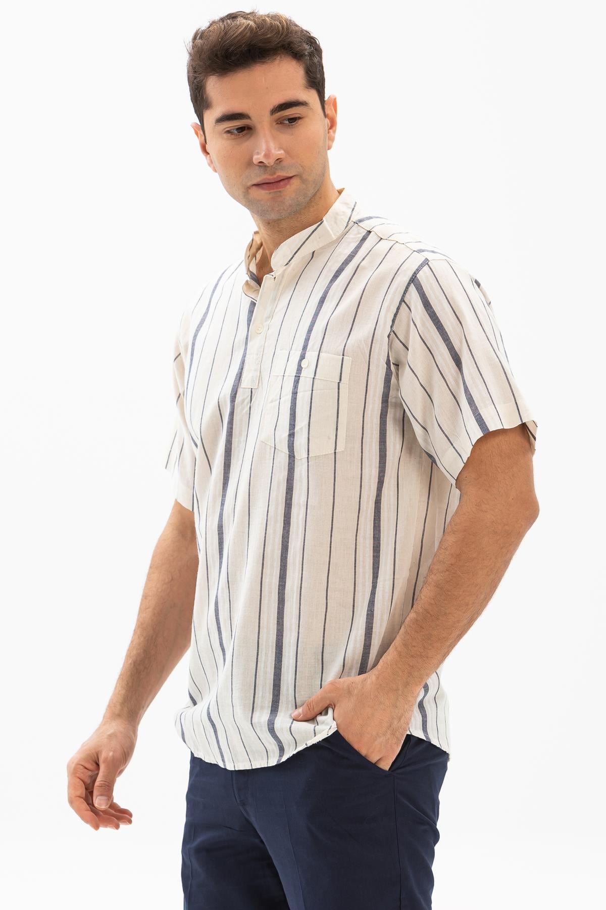 Short Sleeve Sile Fabric Khakim Collar Men TShirt Cream Gray Striped
