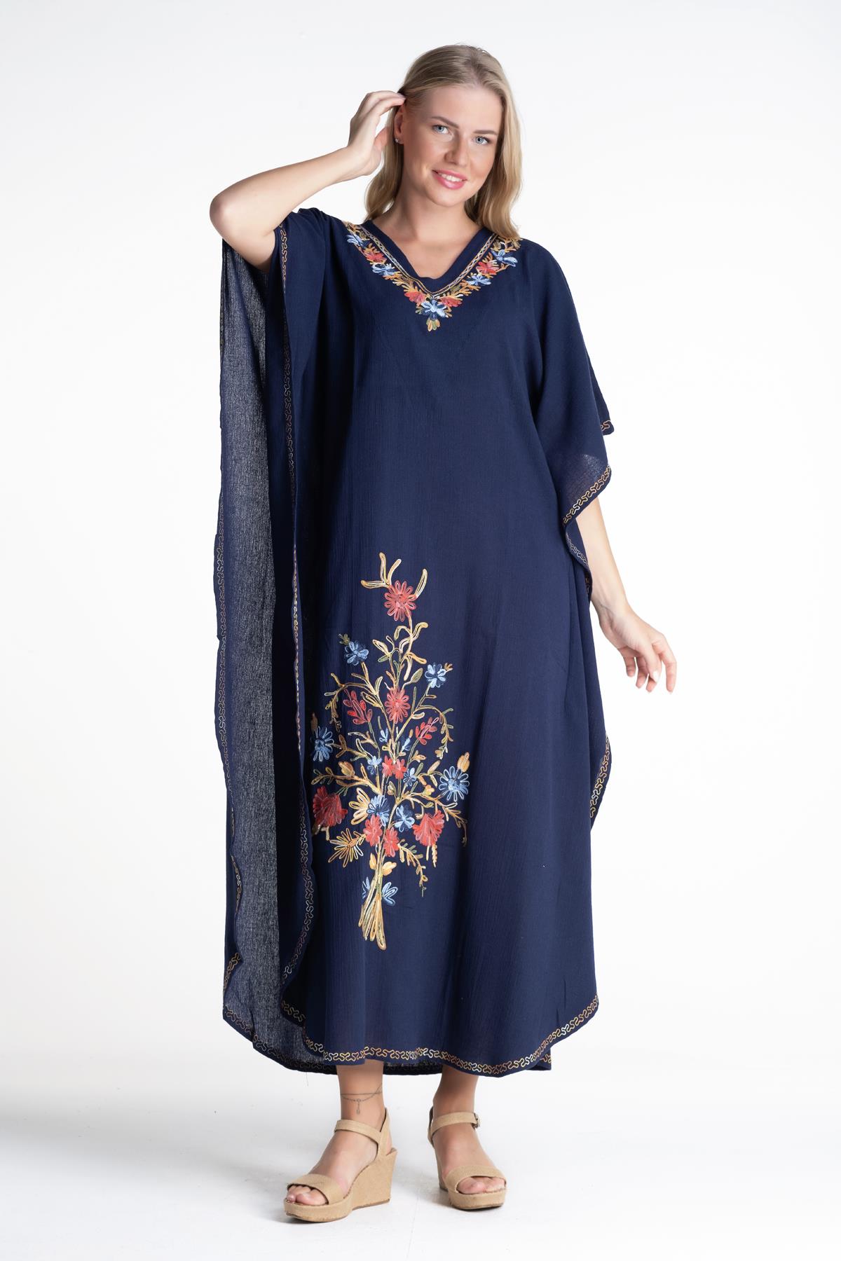 Short Sleeve Sile Fabric Tibet Long Dress Navy Blue