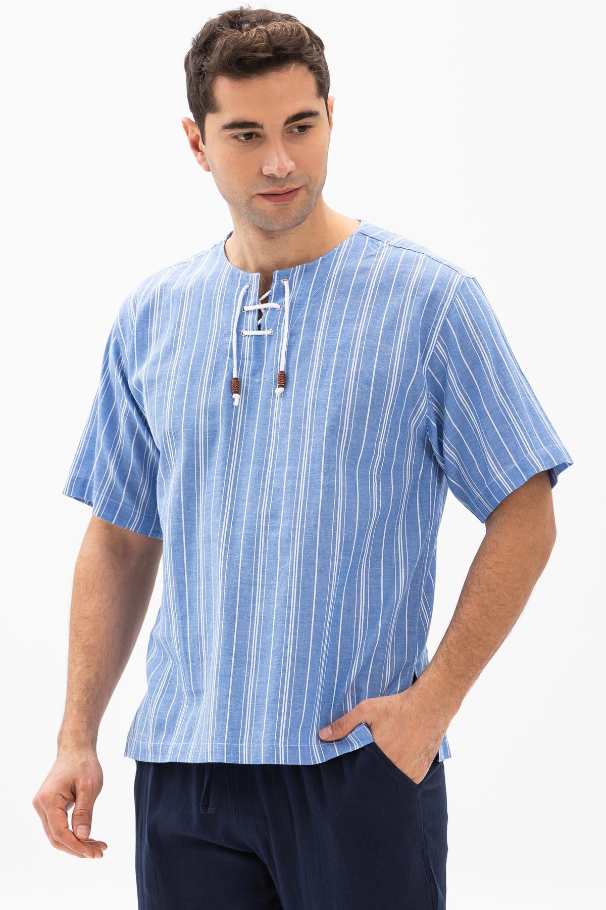 Kısa Kol Şile Bezi Zımbalı Erkek Tshirt Mavi Beyaz Çizgili 3019