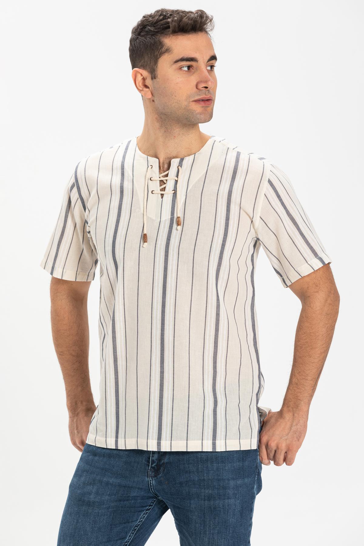 Short Sleeve Sile Fabric Staple Men Tshirt Cream Gray Striped