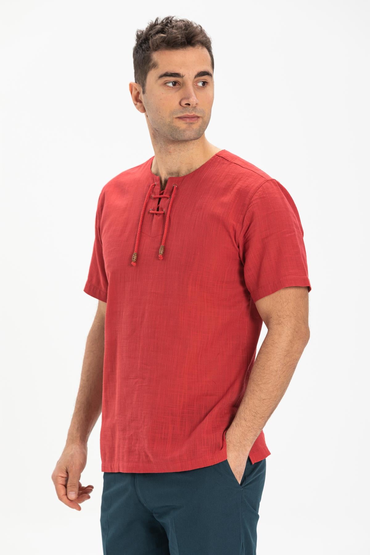 Kısa Kol Şile Bezi Zımbalı Erkek Tshirt Kırmızı 3051