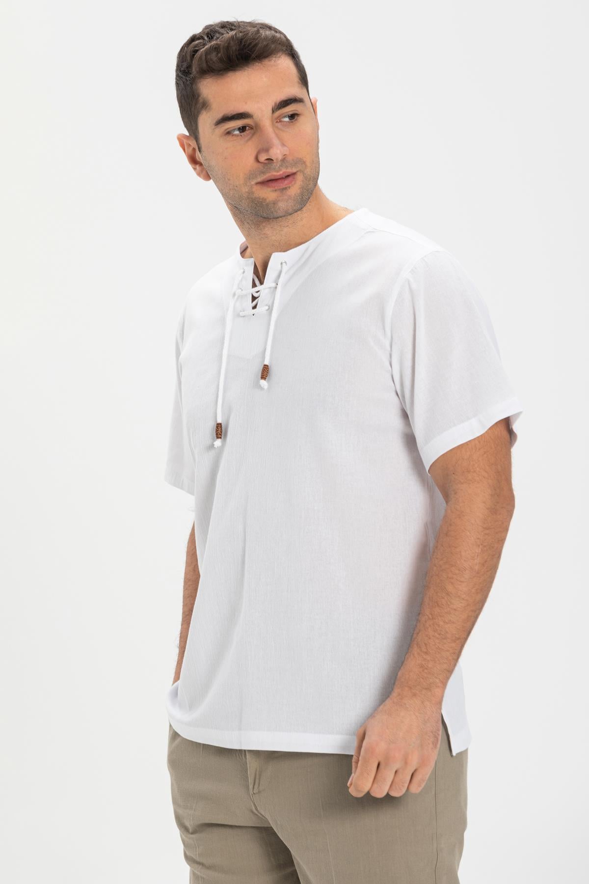 Kısa Kol Şile Bezi Zımbalı Erkek Tshirt Beyaz 3001