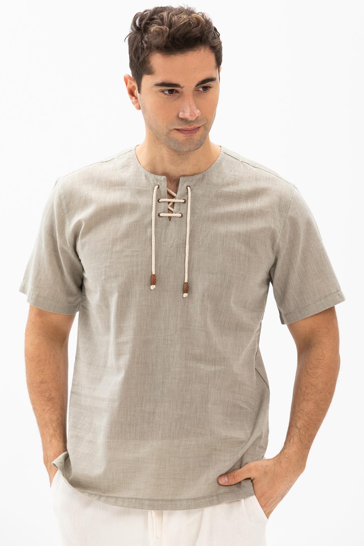 Kısa Kol Şile Bezi Zımbalı Erkek Tshirt Taş 3031