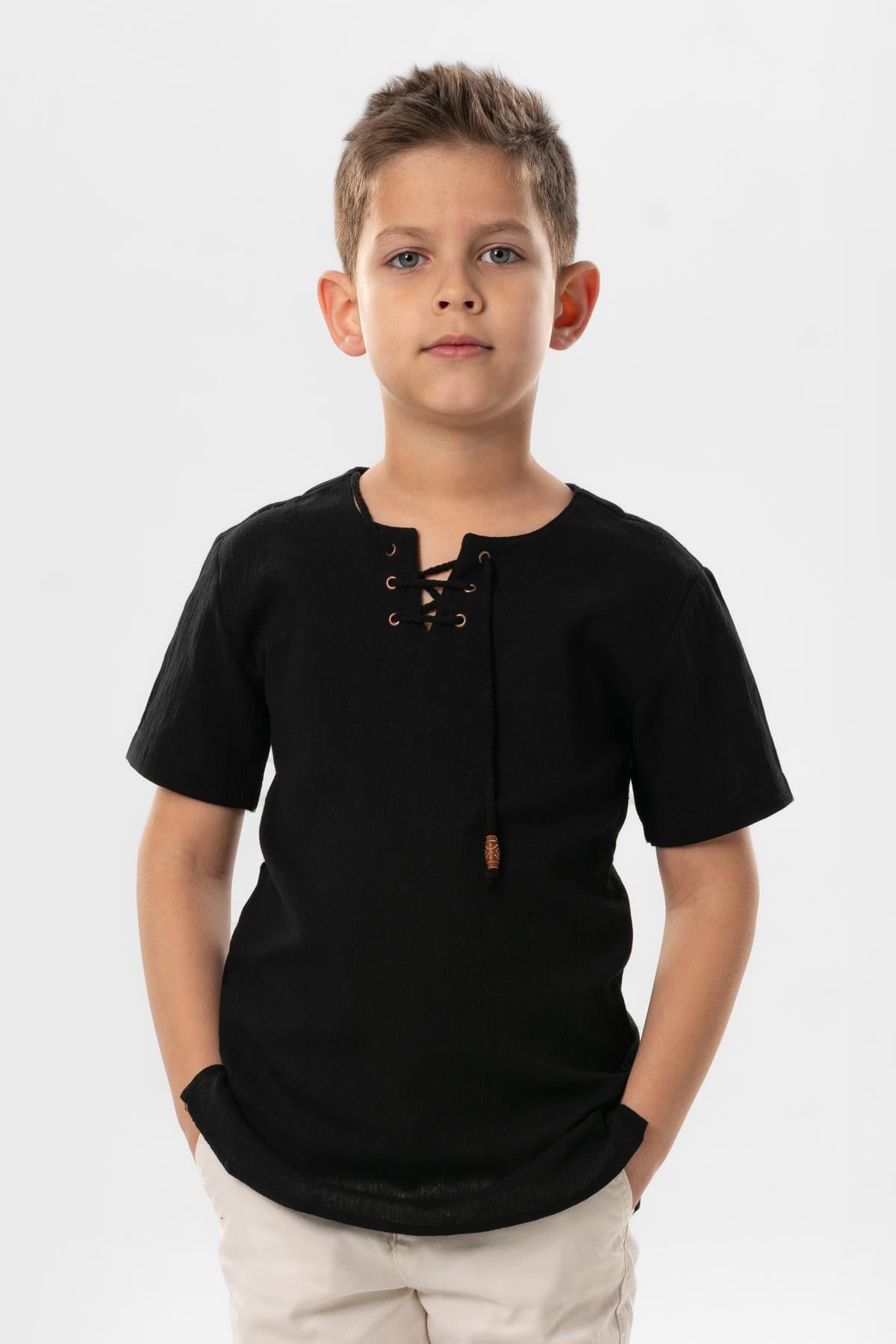 Short Sleeve Şile Cloth Staple Boy Tshirt Black