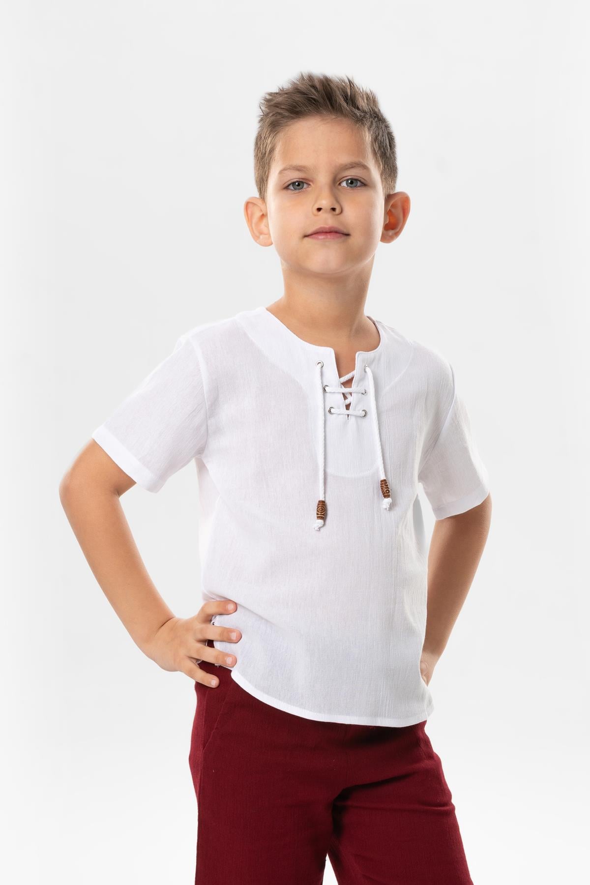 Kısa Kol Şile Bezi Zımbalı Yazlık Erkek Çocuk Tshirt Beyaz 3001