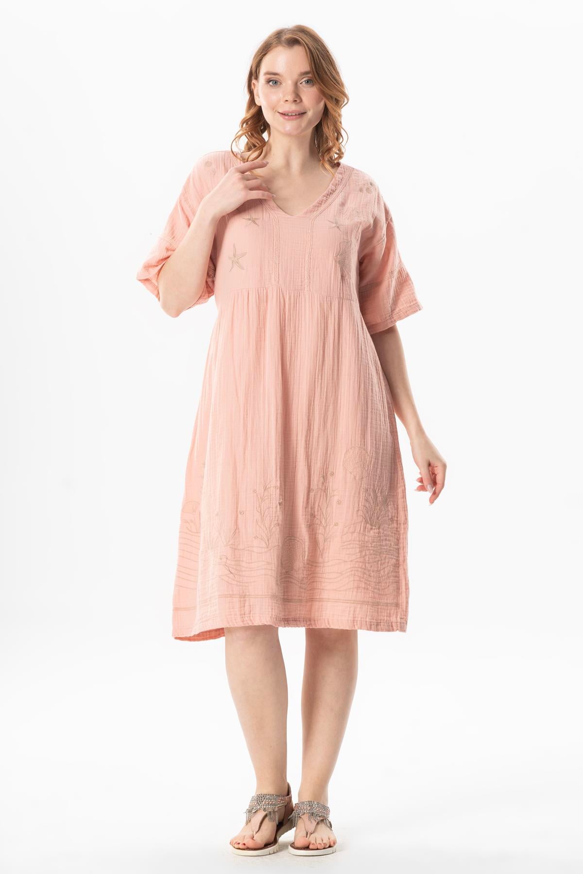 Short Sleeve V Neck Alize Embroidered Midi Length Muslin Summer Dress Light Pink