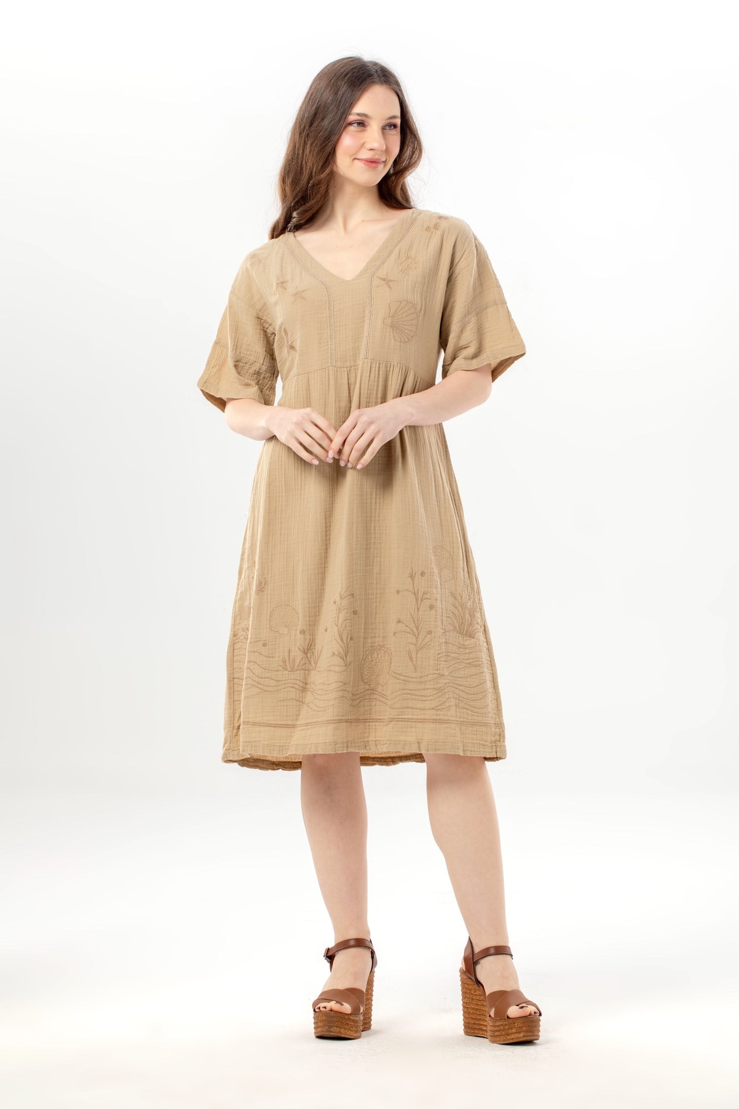 Short Sleeve V Neck Alize Embroidered Midi Length Muslin Summer Dress Mink