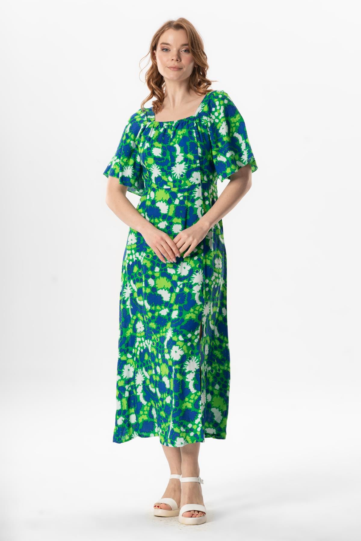 Short Sleeve Viscose Almeda Square Neck Long Dress Abstract Grass Green