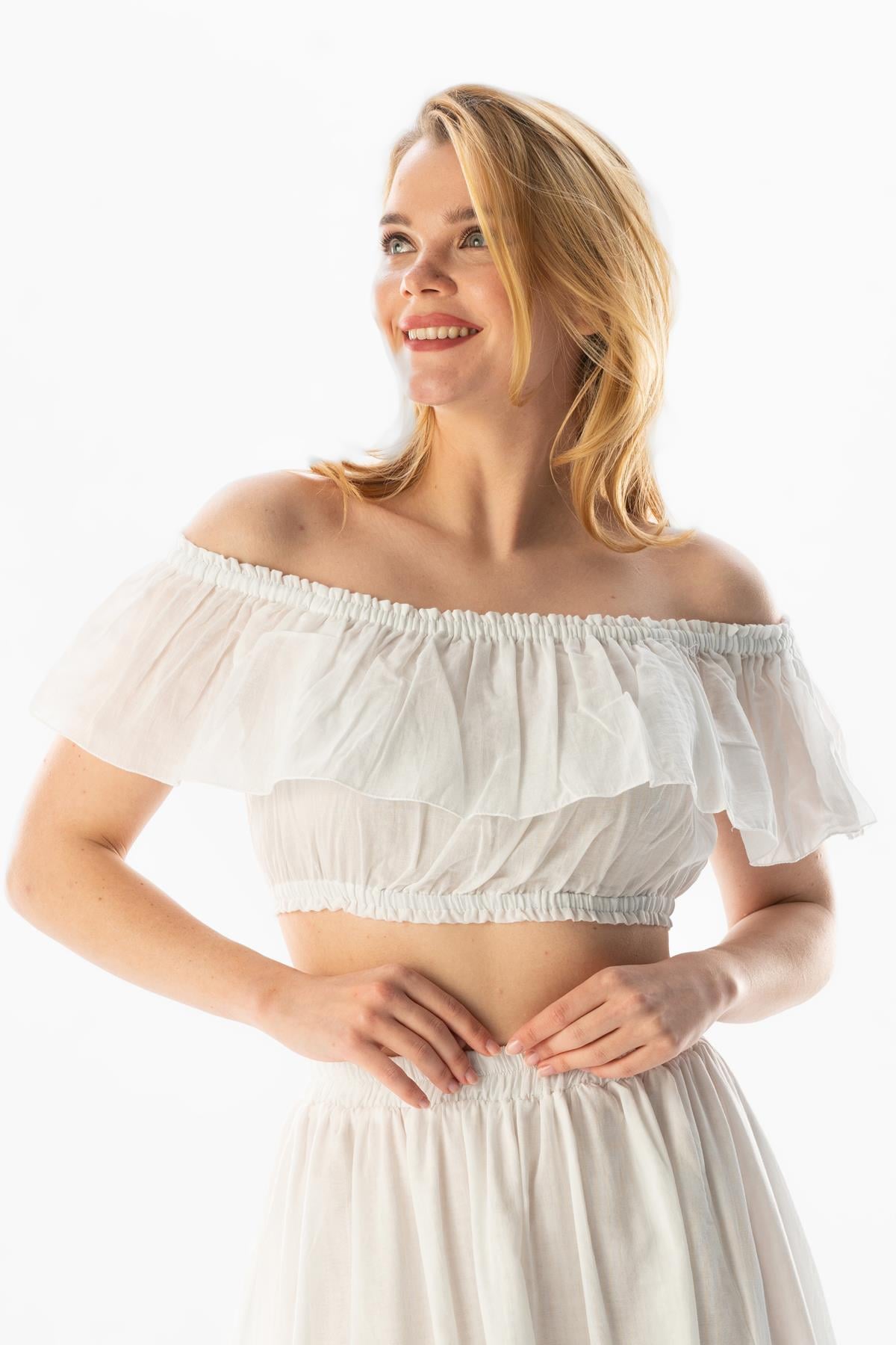 Short Sleeve Voile Lavinya Boat Neck Summer Blouse White