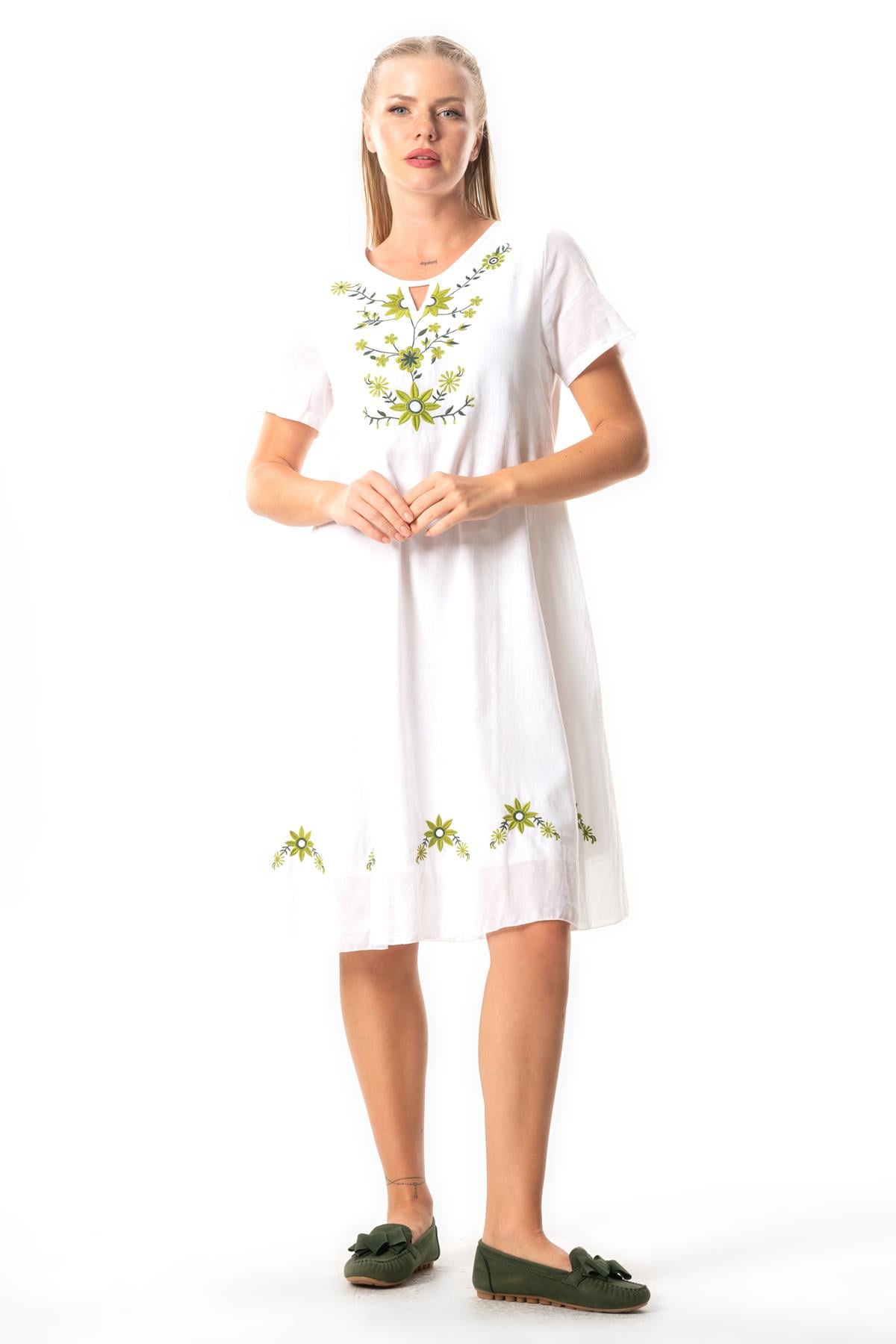 Short Sleeve Voile Neslihan Midi Length Floral Pattern Dress White